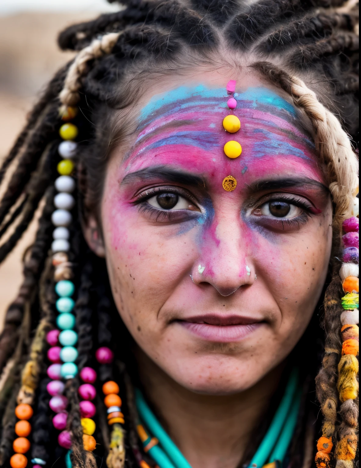 close up of a woman, face centered, hippie at burning man, covered in mud, long hair with colorful beads and dreads, rainbow face paint, paint fading,  dirty face, finely detailed eyes, award winning photography, night time, dark, rembrandt lighting, happy,  high detail
 