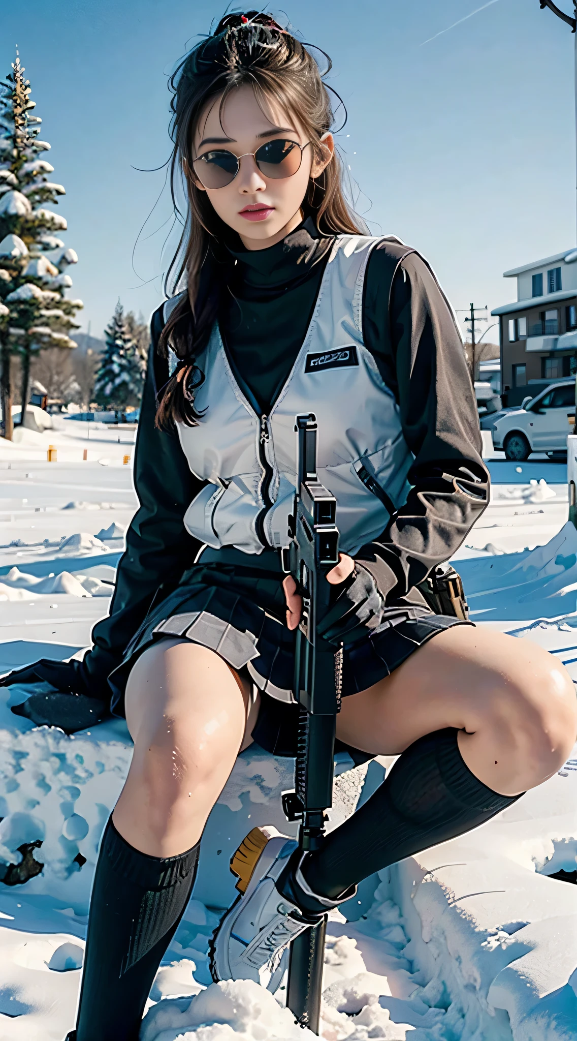((Best quality)), (Masterpiece), Photorealistic, Photorealism, A girl lies in the snow,Aim with an AK-47 assault rifle, Mini skirt, (upper legs), Photorealistic, high resolution,Snow background, looking to the camera, (Detailed face), cabellos largos dorados, SWAT vests, Gun, jewelry,Black gloves, sunglasses on head, Fingers are occluded, medium breast