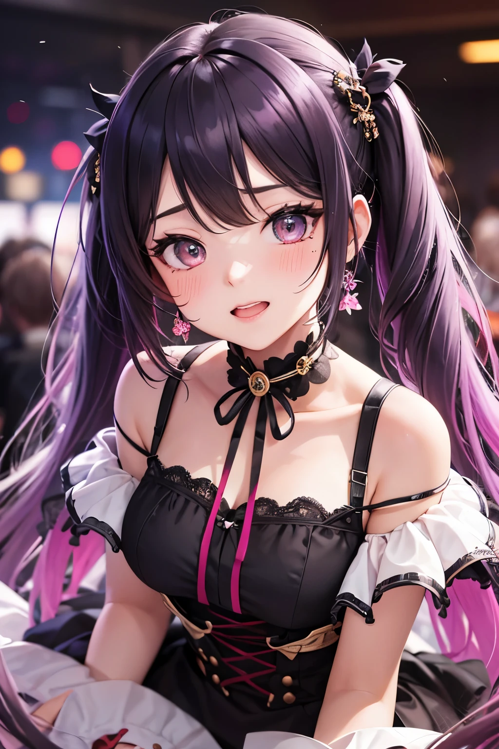 striped hair,pink twintail hair, Hello, mole under eye, mole under mouth, heart shaped eyes, long eyelashes, pink eyes, heart shaped choker、Full body Esbian、look at the audience、shy, blush, teeth, ear blush, nose blush,anime style, color field paint, ray tracing, bloom, one person'perspective, nffsw, award-winning, 16k, 最high quality, advanced details, high quality, table top, High resolution, Accurate, Super detailed