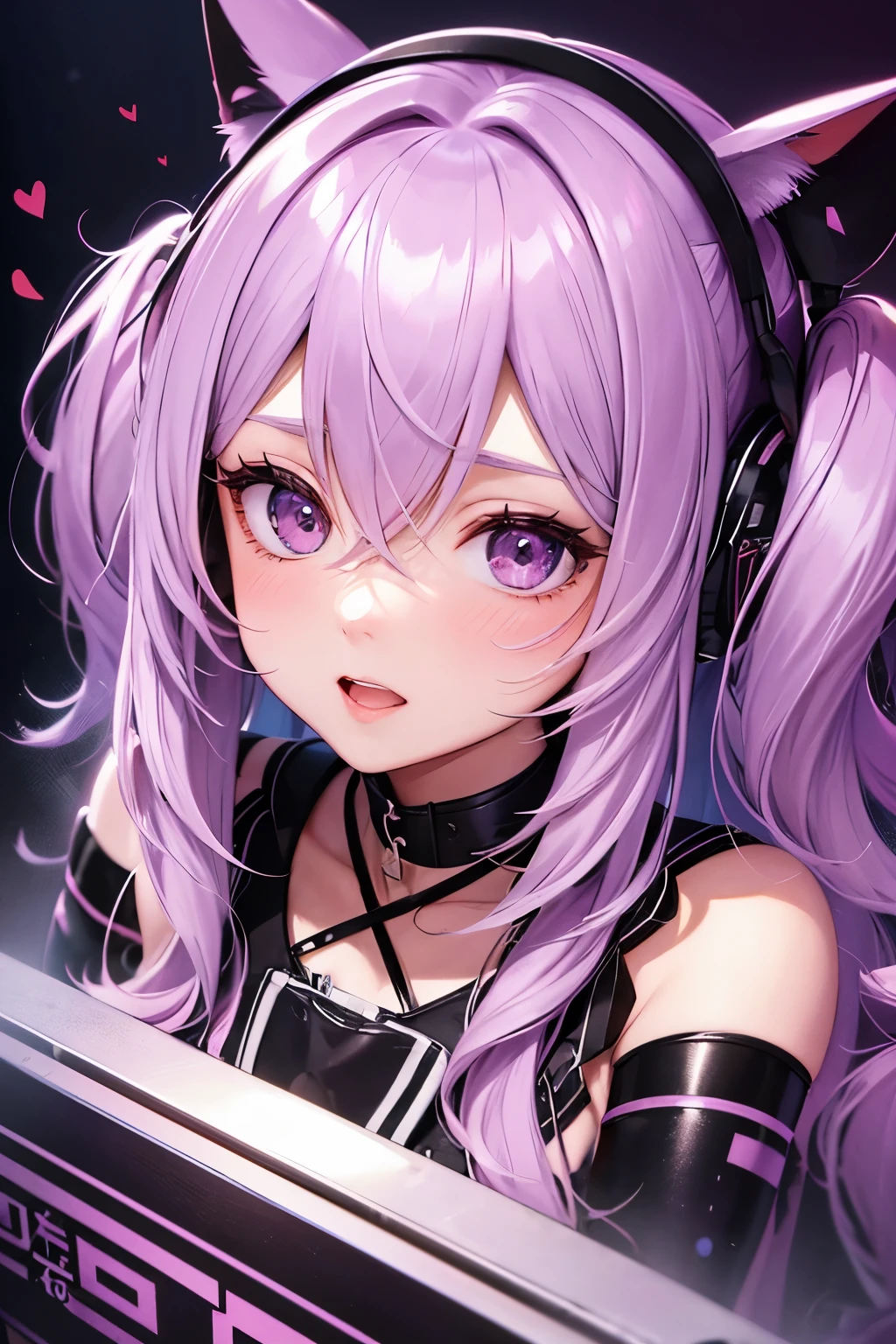 striped hair,pink twintail hair, Hello,  mole under eye, mole under mouth, heart shaped eyes, long eyelashes, pink eyes, heart shaped choker、Full body Esbian、look at the audience、shy, blush, teeth, ear blush, nose blush,anime style, color field paint, ray tracing, bloom, one person&#39;perspective, nffsw, award-winning, 16k, 最high quality, advanced details, high quality, table top, High resolution, Accurate, Super detailed