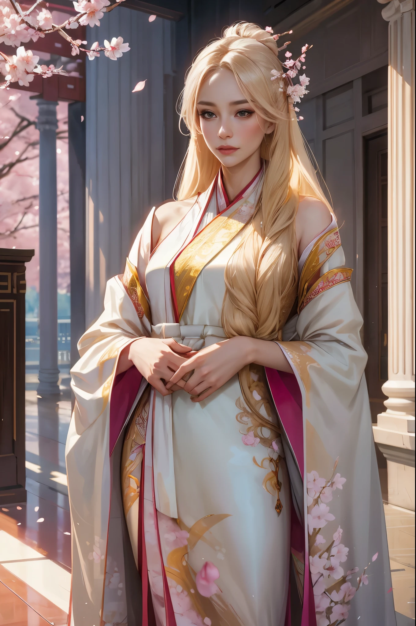 fantasy, portrait, Asia, European appearance, beautiful girl, delicate face, long pale blonde hair, in a beautiful Hanfu accentuating the figure in light colors, expressive chest, cherry blossoms on the background, hall with marble columns of the oriental palace, hd