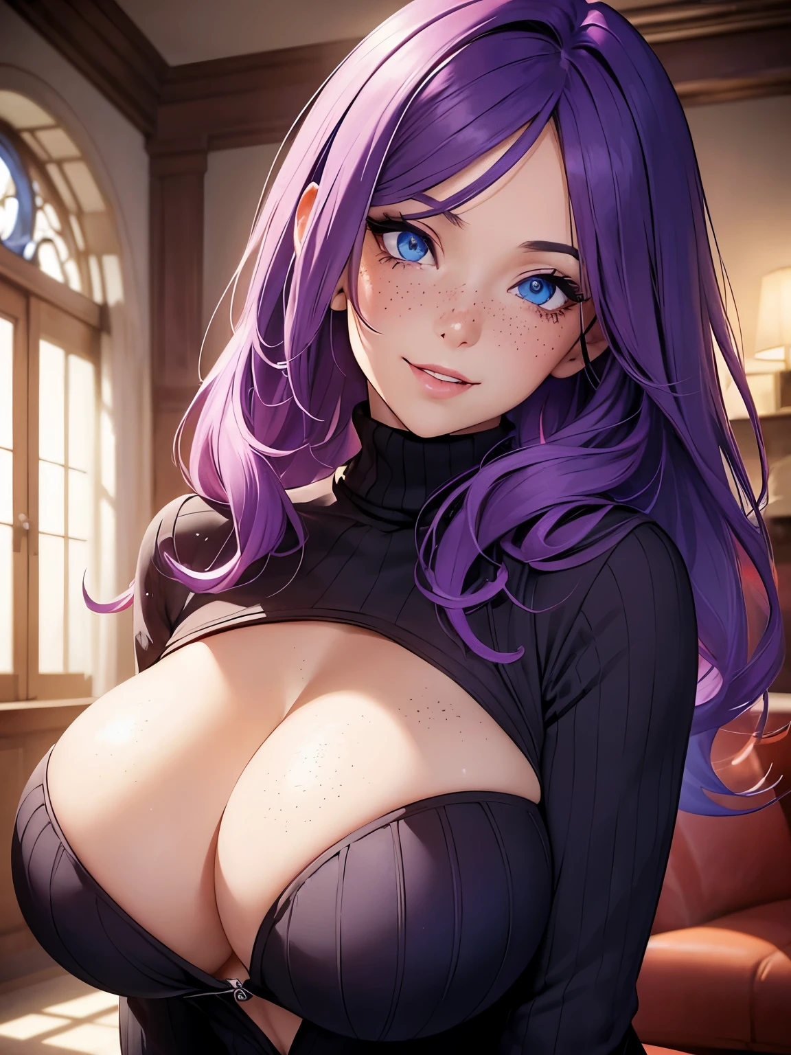 beautiful woman, purple hair, bright blue eyes, glowing eyes, lots of freckles, full lips, (gigantic breasts 1.8), extreme cleavage, deep cleavage, thin body, virgin killer sweater, backless, sweater, keyhole sweater, bare legs, extreme blushing, smile, praying, ultra detailed, living room background, masterpiece, 8k