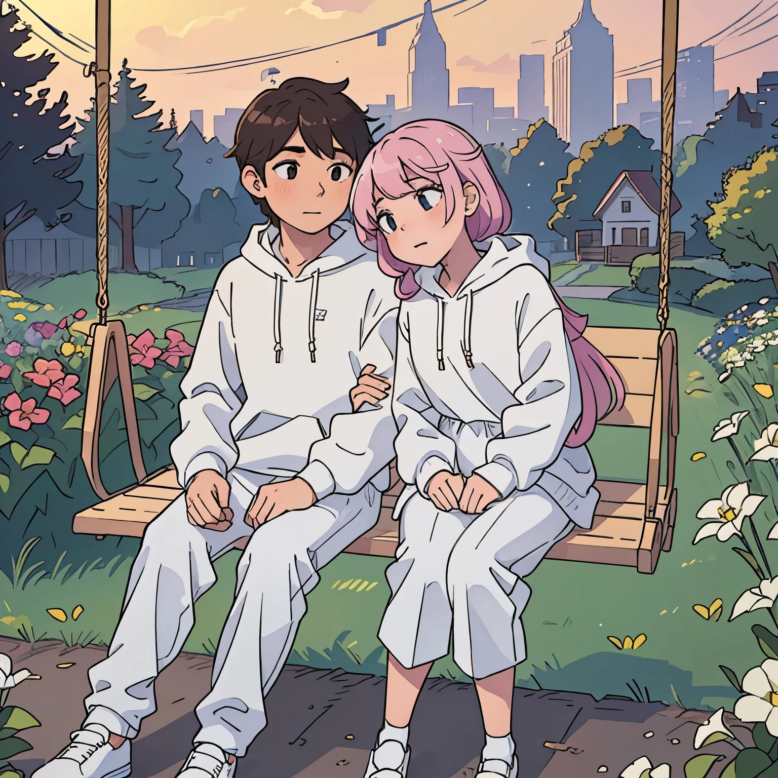 In this 8k realistic image, a charming 18-year-old couple is captured in a sweet moment as they sit on a swing, surrounded by a blurry and dreamlike garden background. The boy and girl are both dressed in pristine white hoodies, matching white trousers, and pristine white shoes that add to their cute and youthful appearance. Their bodies are beautifully detailed, with sharp focus on their gentle expressions and the soft lines of their clothing. The vivid colors of their outfits pop against the gentle backdrop, bringing the scene to life with stunning detail and visual appeal. The warm studio lighting illuminates every crease and curve, capturing the couple's every feature and emotion