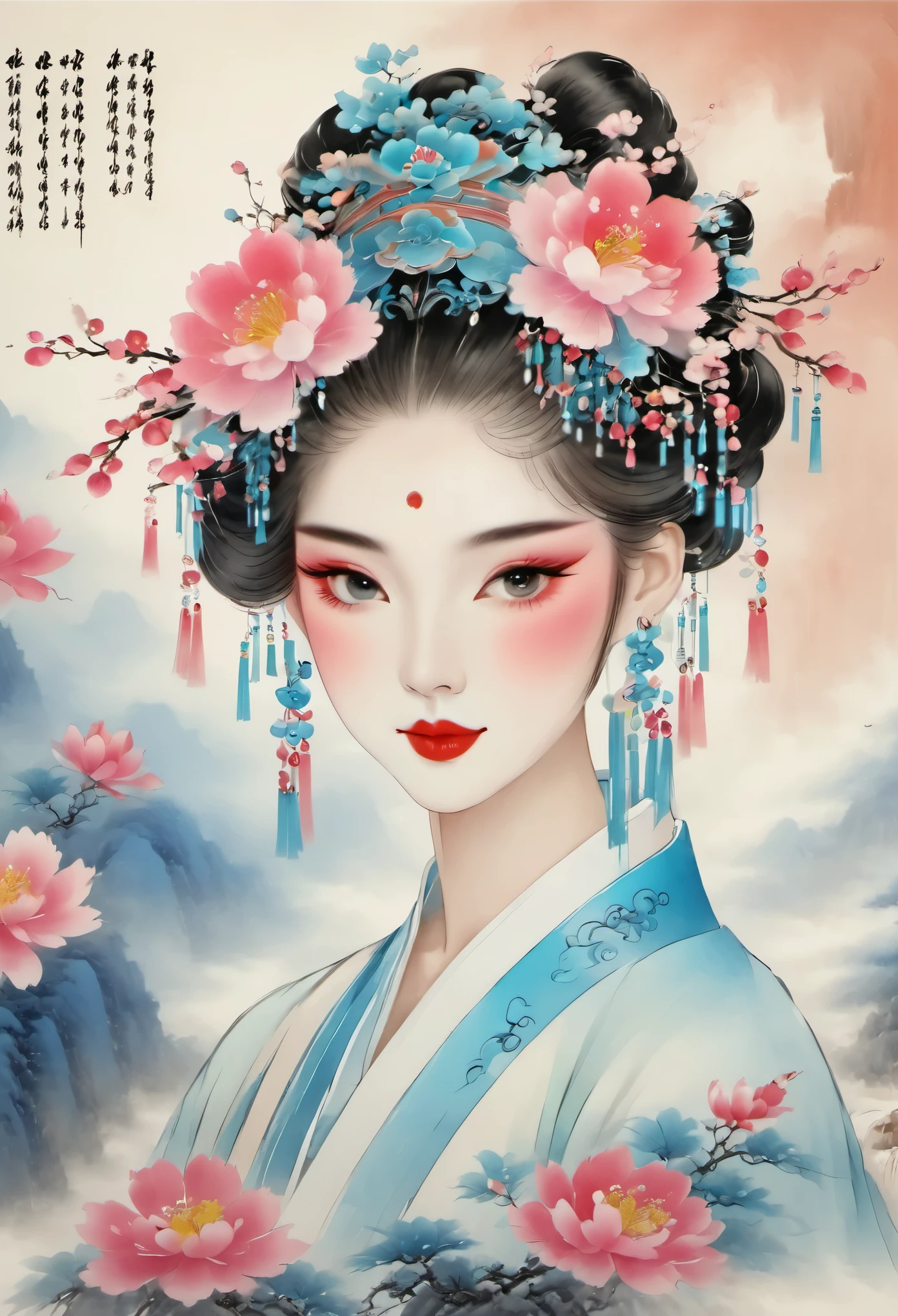 An ink painting,girl wearing flowers,beautiful chinese queen,Ink smudge,ink stain,concise,clean