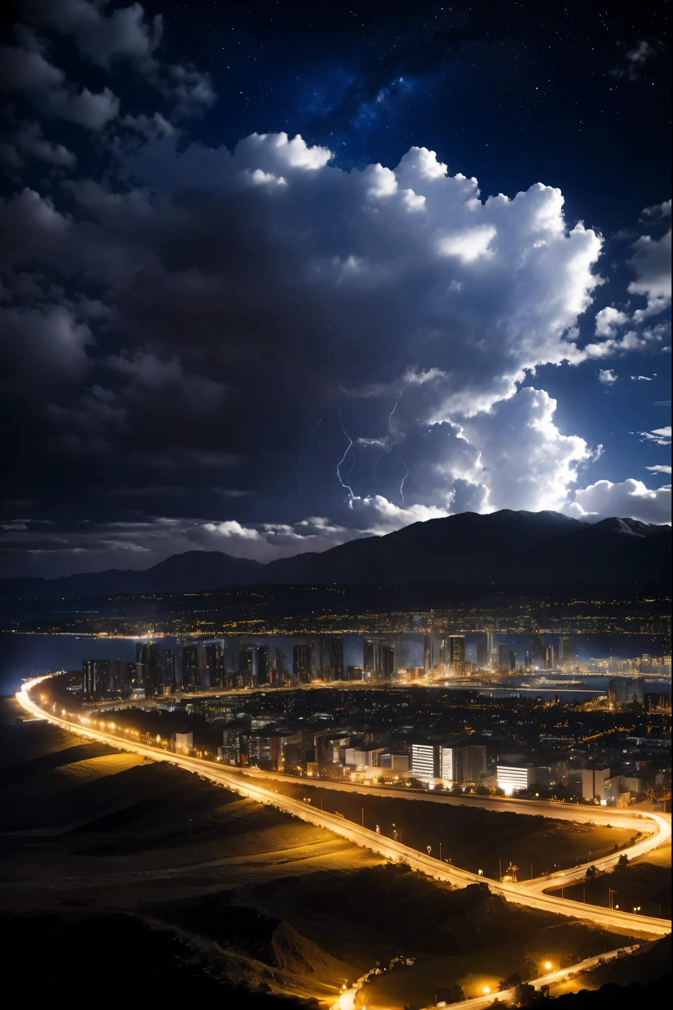 epic sky, al aire libre, cielo, nube, No_humanos, Noche, nubey_cielo, edificio, estrella_(cielo), Noche_cielo, escenario, estrellary_cielo, ciencia_fiction, ciudad, ciudadscape, ciudad_pieza de luz,Mejor calidad:1.5)