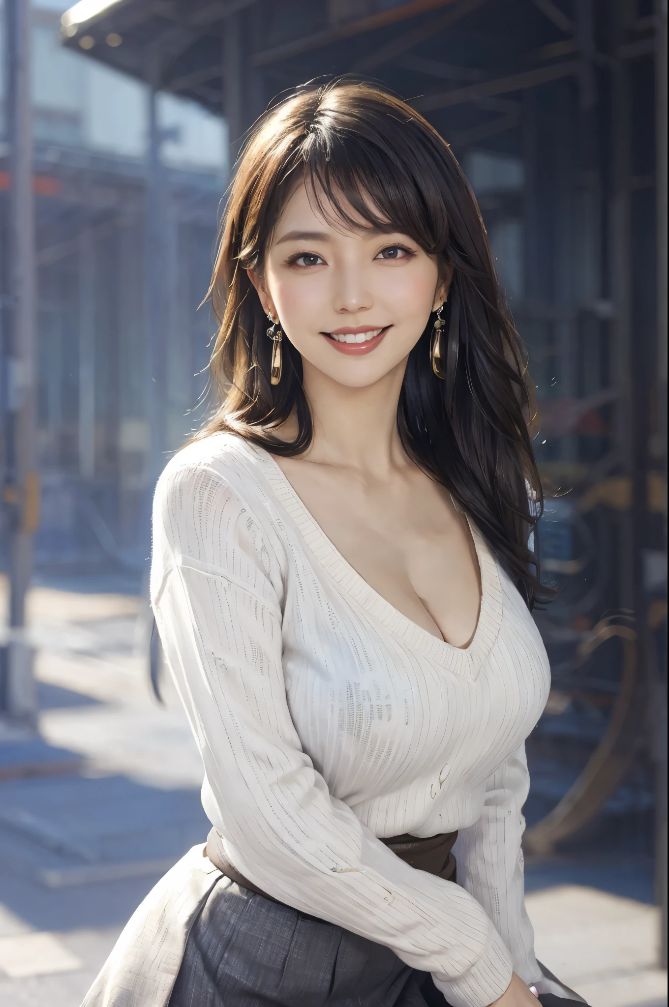 (RAW photo), (Realistic), (photo-realistic), ultra high resolution, masterpiece, highest quality, portrait, facial portrait, perfect lighting, detailed lighting, dramatic shadow, ray tracing, 1 Japanese beautiful mature lady, 40 years old, Voluptuous, cleavage, plump body type, symmetrical eyes, beautiful detailed brown eyes, chubby lips, red lips, Super high resolution perfect beautiful teeth, big tits, big ass, big thick thighs, abs, muscle, long wavy hair, black hair, earrings, half open mouth, smiling, looking at viewer, (V-neck Sweater:1.2), (Draped skirt), revealing clothing, Japanese street,