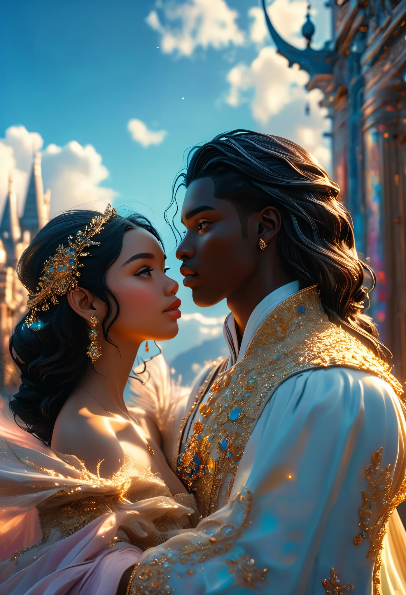 Novel in celestial landscape, a beautiful young darkskin couple with (((a short black hair young judge))) with (((a young imperial duke with long black hair))), with desire, hot couple, (((very beautiful))), perfect faces, whole body, romantic scene, romantic Way, sexy couple, 8K, extremely detailed, (high quality, realistic, photorealistic: 1.37), Full body, ideal proportions and defined complexion, meticulously crafted features, unreachable beauty, perfection, artistic masterpieces, vivid realism, hyper-detailed sculptures, life-like forms, truly awe-inspiring, impeccable craftsmanship, pure radiance, ethereal beauty, delicate contours, striking poses, sublime beauty, subtle nuances, dynamic compositions, vibrant colors, perfect lighting, soulful expressions, celestial aura, majestic presence, dreamlike atmosphere, unmatched gdetailed octane render trending on artstation, 8 k artistic photography, photorealistic concept art, soft natural volumetric cinematic perfect light, chiaroscuro, award - winning photograph, masterpiece, oil on canvas, beautiful detailed intricate insanely