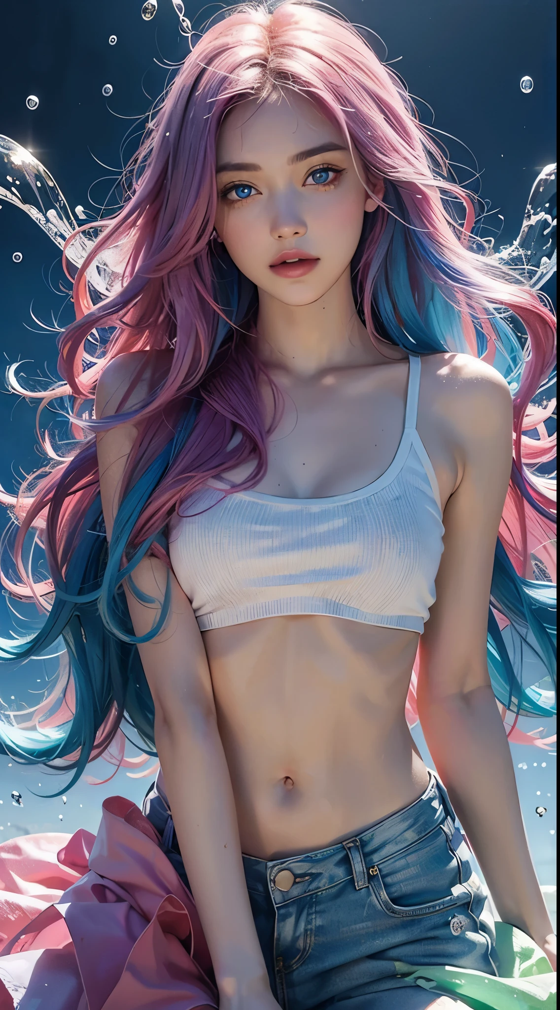 Pink Princess, (Pink-Blue hair), ((big hair)), double eyelid, slender figure, cute expression, perfect skin, (fluffy), pink eyes, (fluffy Particles:1.2), (cute clothing), (NSFW:1.1), (Butt-Portrait)