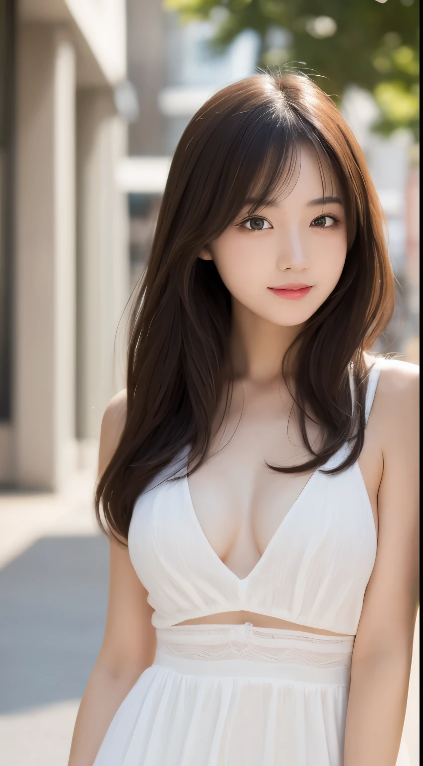 table top, highest quality, figure, super detailed, finely, High resolution, 8k wallpaper, 完璧なダイナミックな構figure, detailed and beautiful eyes, Women's Fashion Spring、medium hair,small breasts natural color lip,smile,Harajuku、20 year old girl、cute、sexy shot looking at camera,white sexy dress