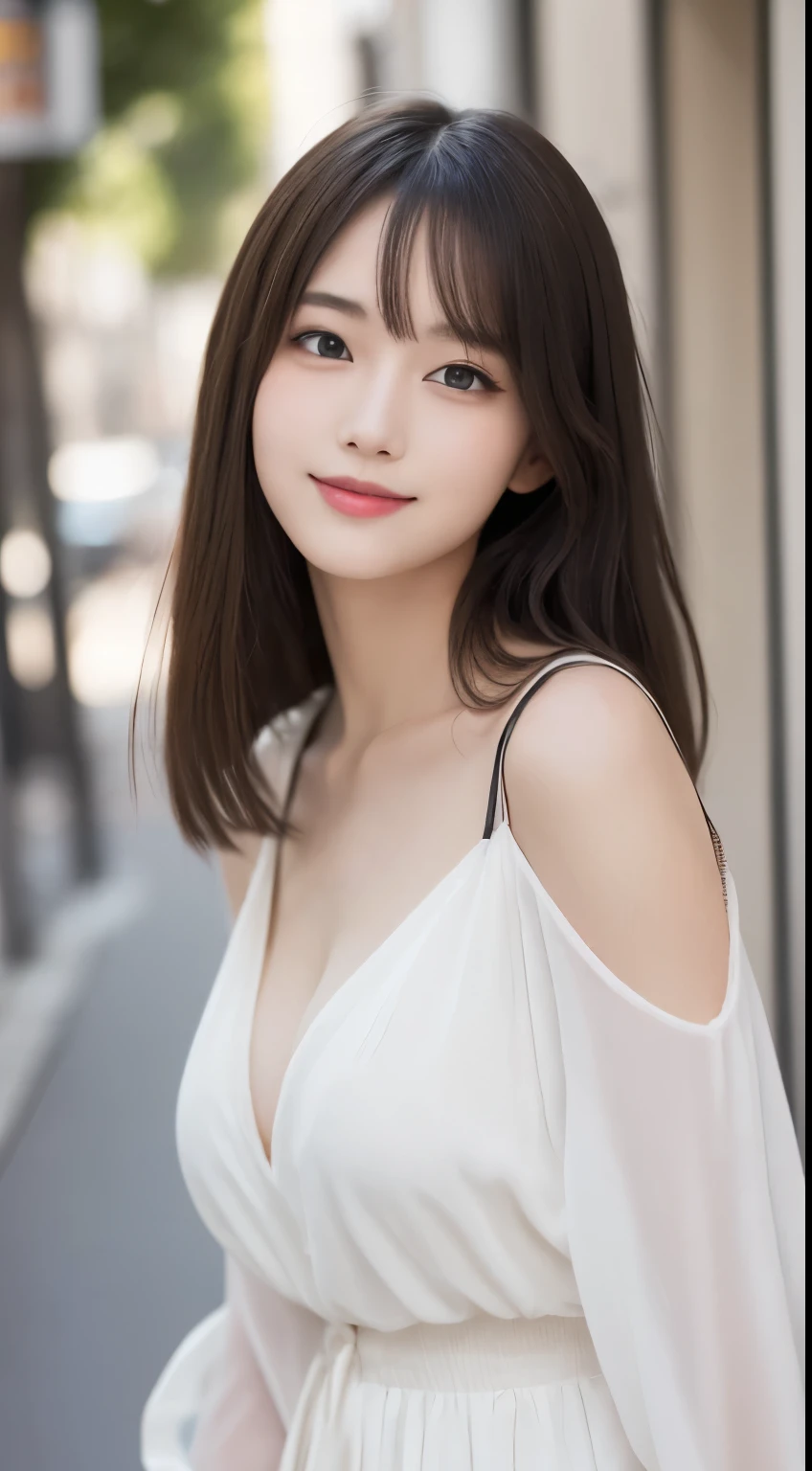table top, highest quality, figure, super detailed, finely, High resolution, 8k wallpaper, 完璧なダイナミックな構figure, detailed and beautiful eyes, Women's Fashion Spring、medium hair,small breasts natural color lip,smile,Harajuku、20 year old girl、cute、sexy shot looking at camera,white sexy dress