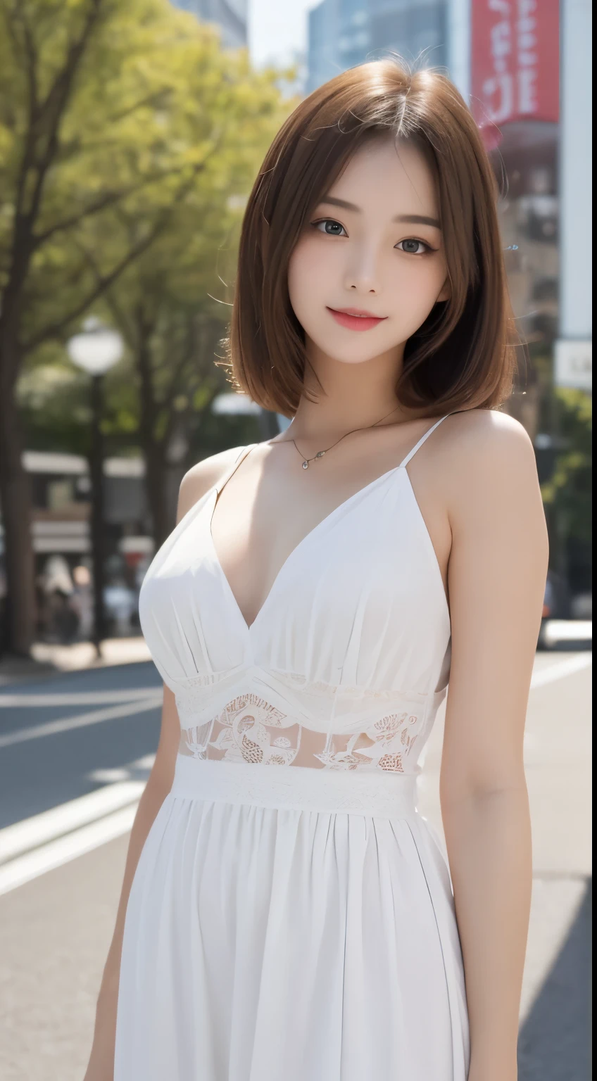 ((Natural Light, Top Quality, 8k, Masterpiece: 1.3)), (Very Short Hair), 1 Girl, Slim Beauty: 1.2, Brown Hair, (Big: 1.5), (Layered), Detailed Eyes, Double Eyelids, Smile, (Close Mouth), Soft Skin, Ultra Detailed, High Quality, High Definition, (Cleavage), Street Corner, Lady, White Dress, Parasol