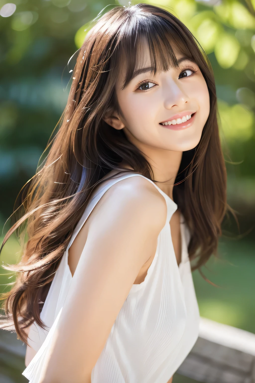 8K quality、Photos like the real thing、Natural light、look at the camera、Standing facing the camera、slender and beautiful body、Real human-like skin、transparent skin、upper body photo、natural makeup、japanese model、23 years old、black clothes、brown hair、long hair、smile、double eyelid、tear bag、layered hair、transparent bangs