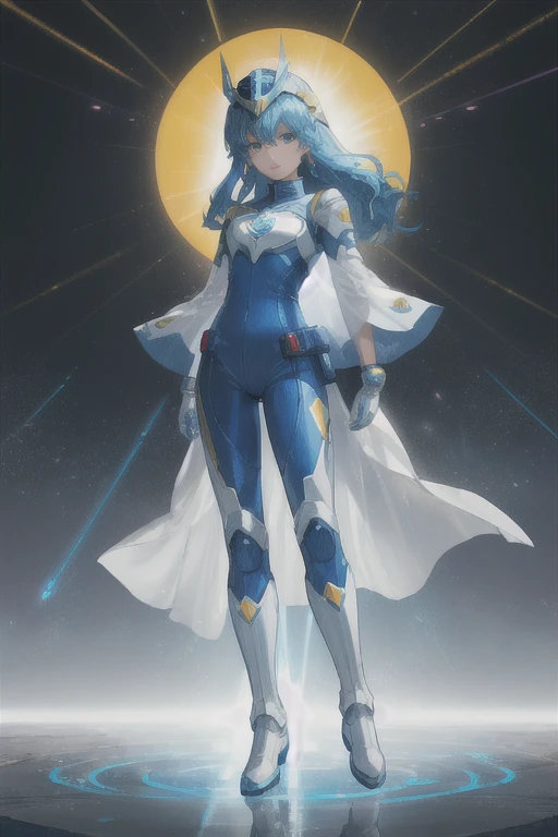 (Masterpiece, Best Quality: 1.2), Super Detailed, Cinematic Lighting, (1 Girl: 1.3), She is a Sentai Heroine, Sentai Hero Goranger, Blue Full Body Suit, Super Sentai, Power Rangers, Blue Helmet with Big Heart-Shaped Visor, Very Large Heart Symbol on Chest, White Boots, Fight Phantom, Solo, Beautiful Eyes of Detail, Unified 8k Wallpaper, Ultra Detailed, Beautiful, slim body, small, masterpiece, top quality, original, ultra high definition, sunlight, full body portrait, full body, amazing beauty, dynamic pose, dynamic angle, beautiful eyes, splashing light, laser beam, highly detailed futuristic city, detailed complex background, clear focus,