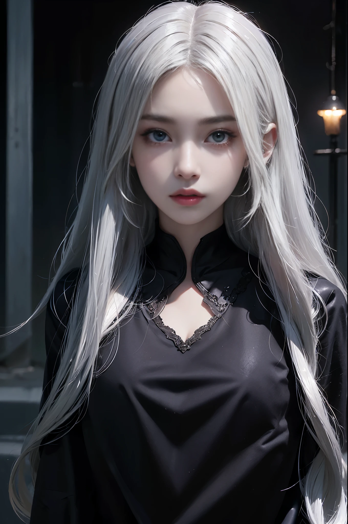 (close up:1.3), (split:1.3), Volumetric lighting、The facial details are particularly rich、1 girl、dark、deep shadow、low profile、cowboy shooting、(Formula service:1.4)、hair length、white hair