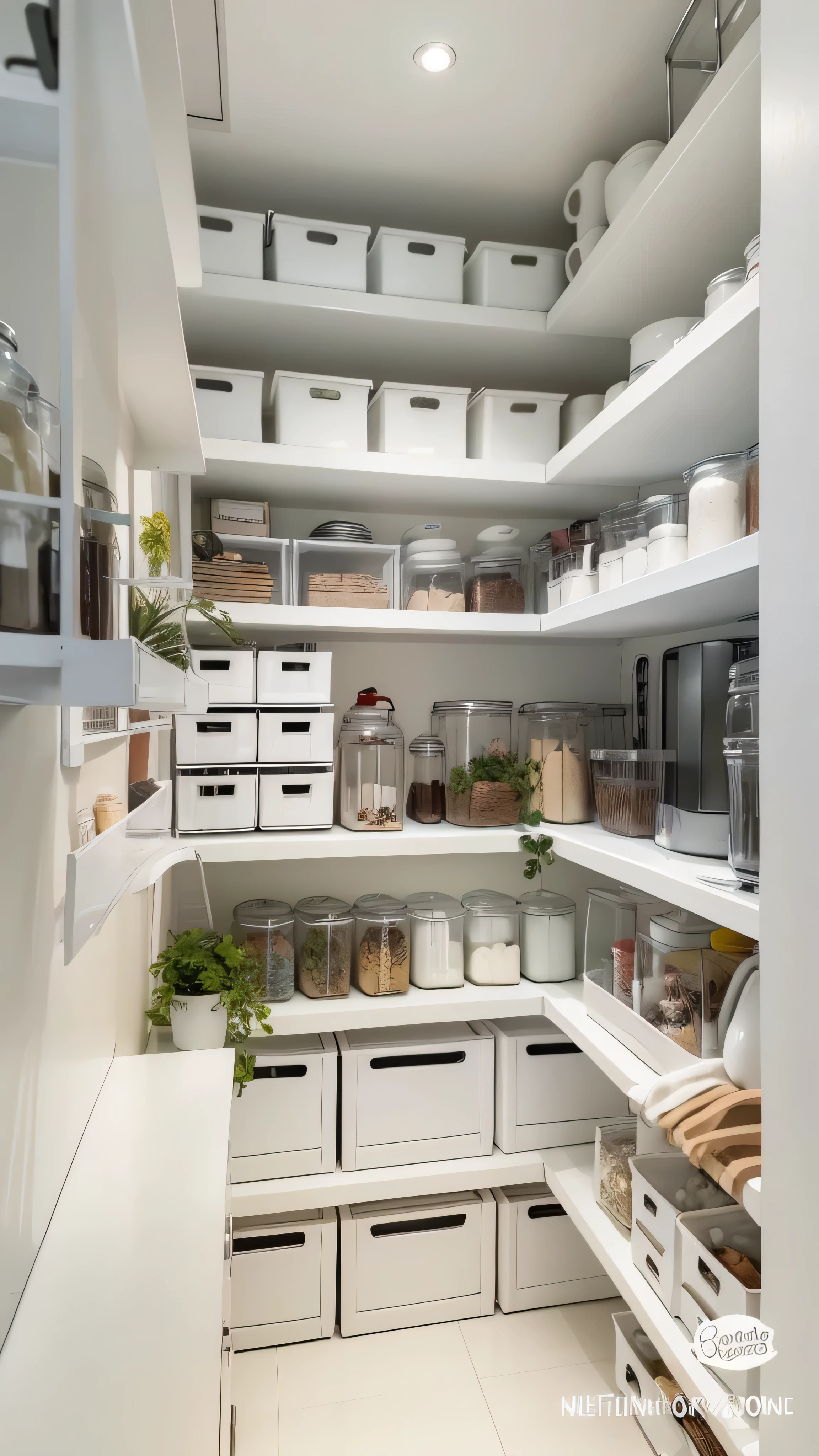 a close up of a pantry with white shelves and drawers, clean and Organized, Neat and tidy, completely filled space, everything is in place, unmessy, Organized, shelves full, cupboard, shelves, messy, inside a messy kitchen, large jars on shelves, Neat and tidy, lots of jars and boxes of herbs