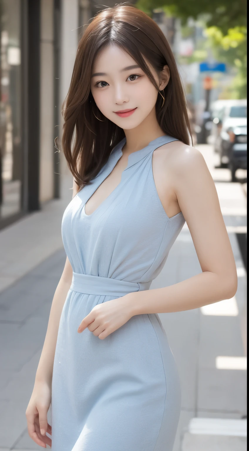 table top, highest quality, figure, super detailed, finely, High resolution, 8k wallpaper, 完璧なダイナミックな構figure, detailed and beautiful eyes, Women's Fashion Spring、medium hair,small breasts natural color lip,smile,Harajuku、20 year old girl、cute、sexy shot looking at camera,light blue sexy dress