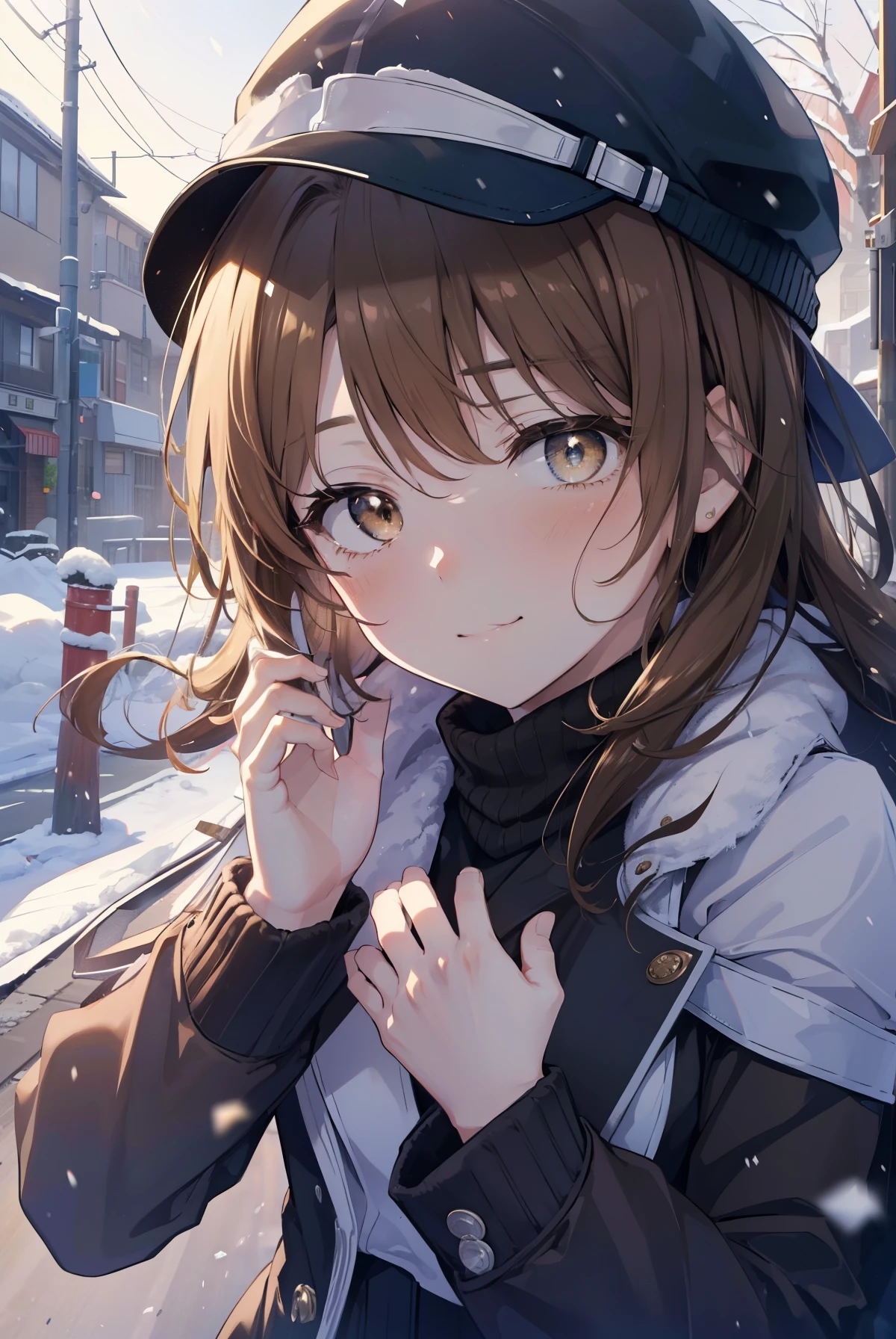 irohaisshiki, iroha isshiki, long hair,, brown hair, (brown eyes:1.5), smile,blush,knit hat,long coat, turtleneck, long skirt,short boots,put both hands in coat pockets,winter scenery,winter is falling,Snow is falling on dead trees,snow is piled up on the road,gardenのベンチにに座っている,
break outdoors, garden,
break looking at viewer,
break (masterpiece:1.2), highest quality, High resolution, unity 8k wallpaper, (figure:0.8), (detailed and beautiful eyes:1.6), highly detailed face, perfect lighting, Very detailed CG, (perfect hands, perfect anatomy),