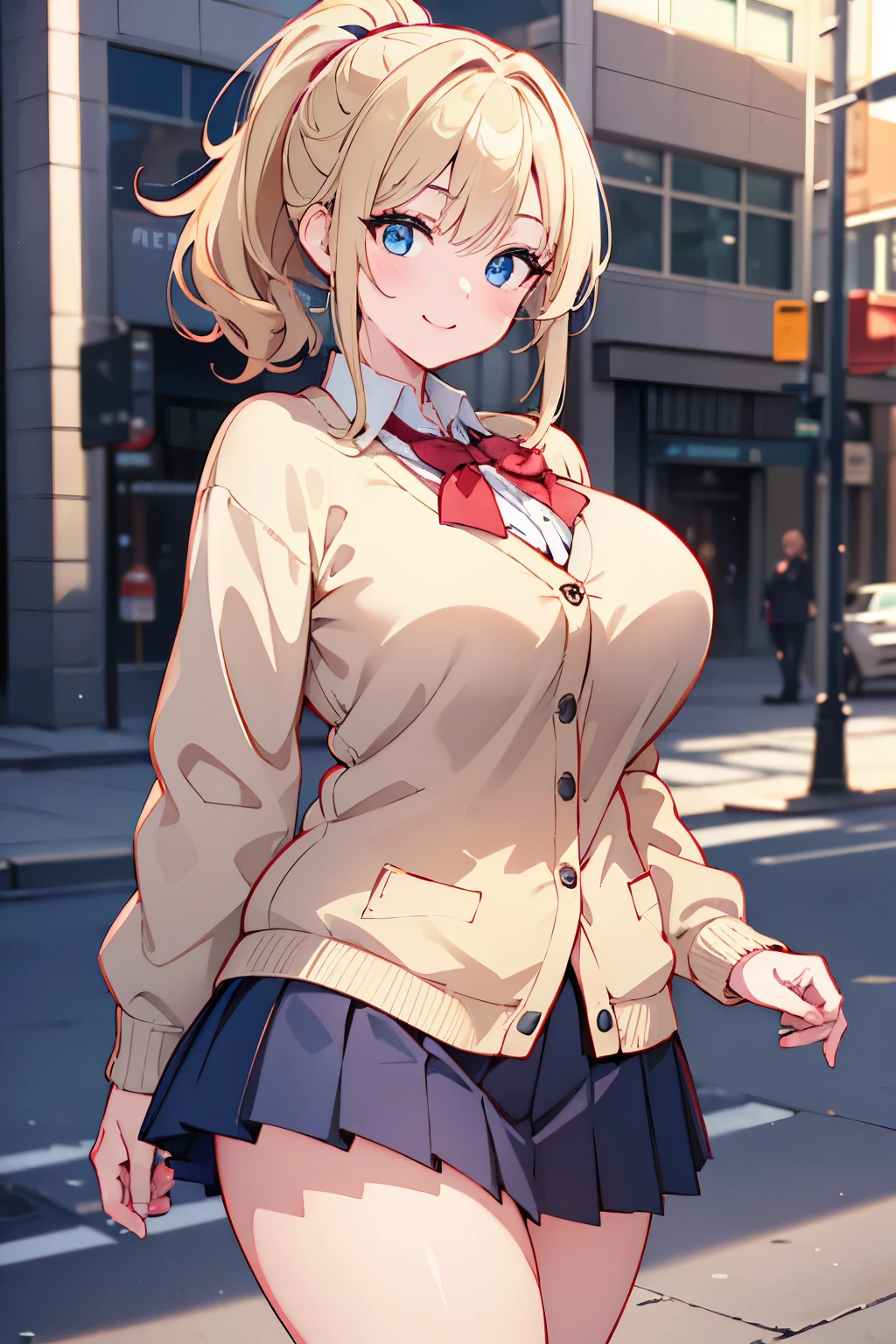 (master piece:1.2), (best Quality:1.2), (ultra detailed:1.2), (highres:1.2), 4k, 8k, from front, ucowboy body, look at viewer, light smile, beautiful detailed eyes, ponytail, middle hair, light blonde hair, blue eyes, school uniform, , Eyeshadow, curvy, large breasts, city, pleated skirt, cardigan, 