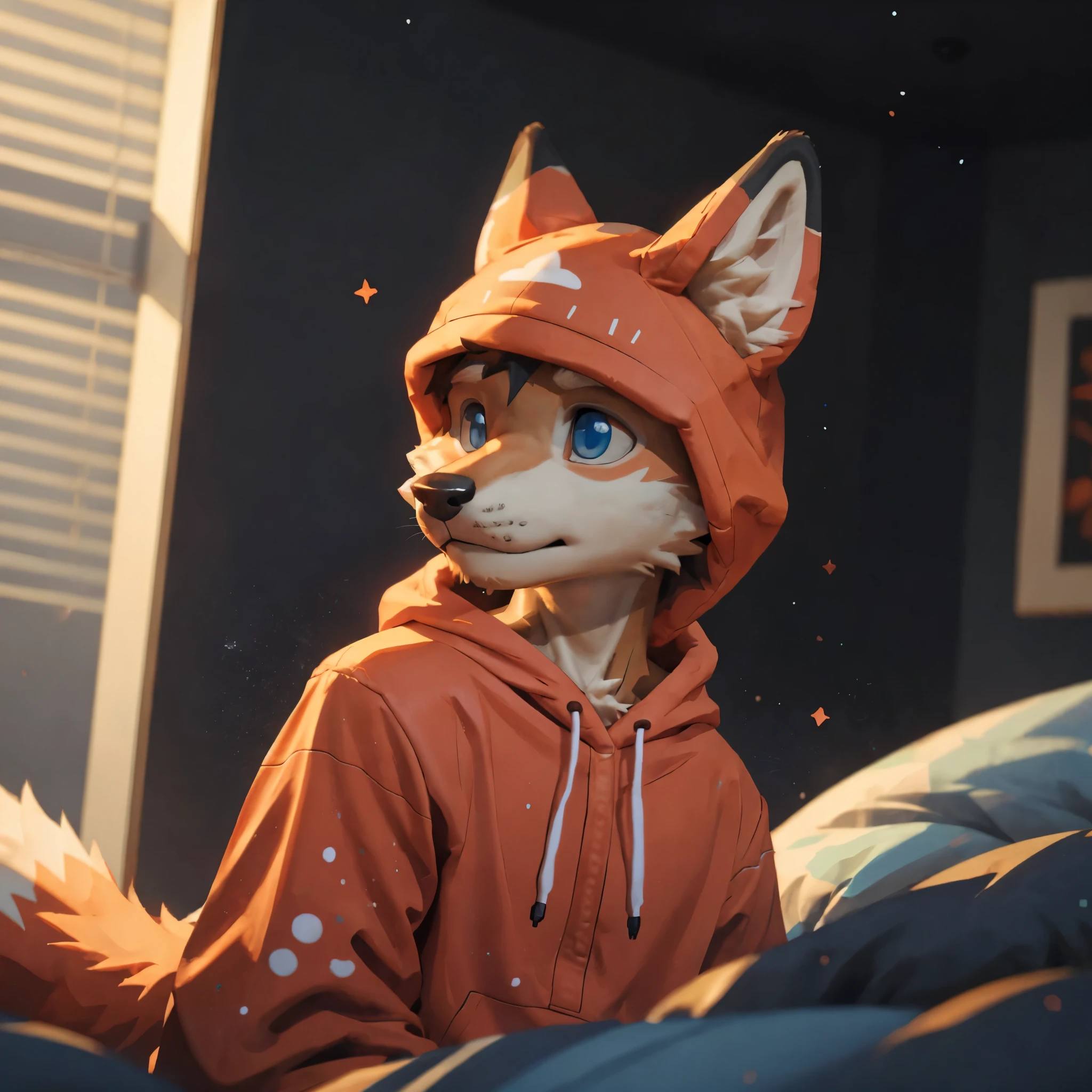 Masterpieces,official art,furry,male,shota,Anthropomorphic orange fox,Delicate face,blue eyes,no hair,onesie, bedroom, cozy room, depth of field, perfect lighting, light particles,(best quality),(masterpiece),(ultra detailed),sharp focus,light particles. Profile picture
