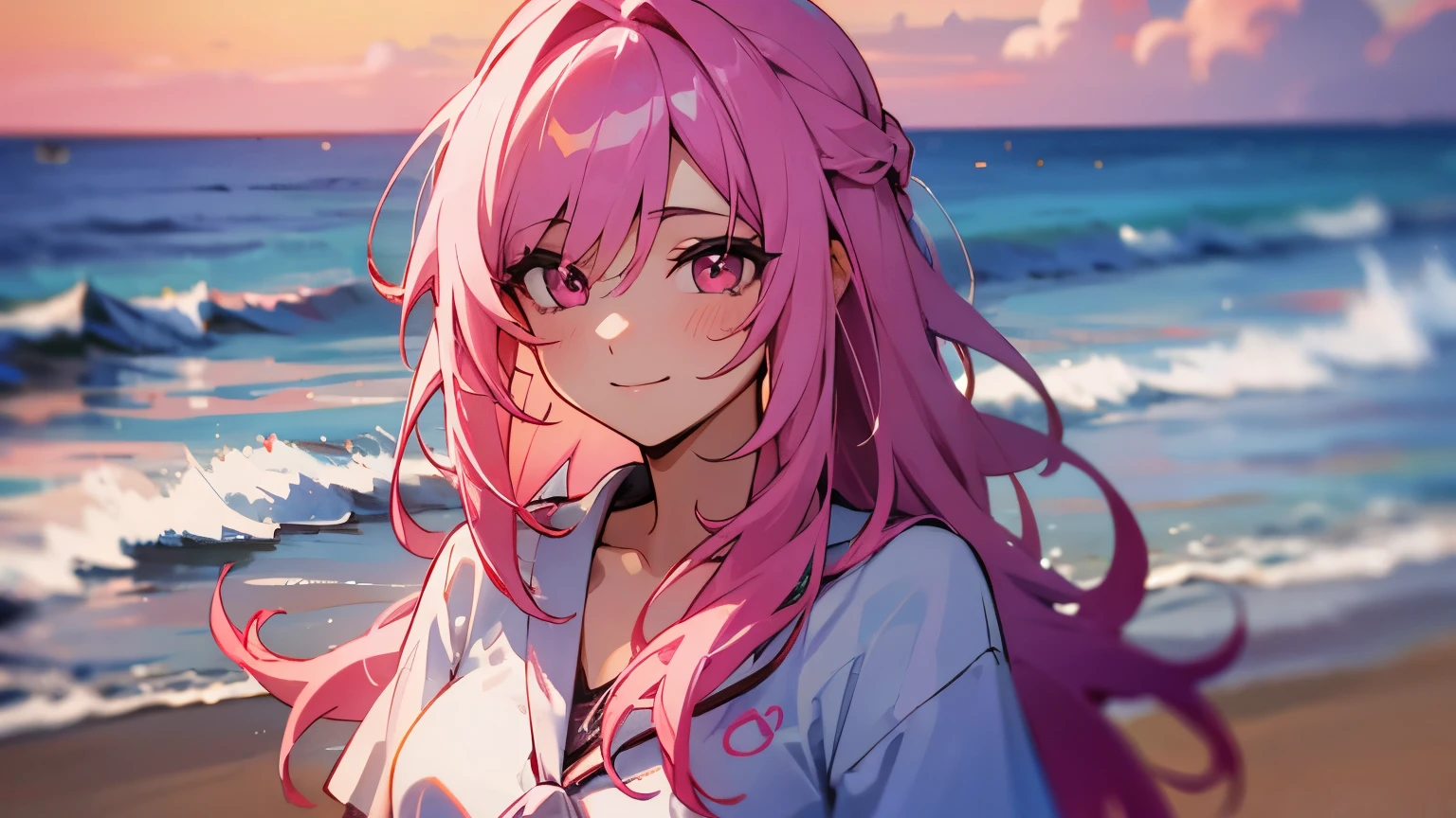 beach，seaside，Sunset，pink hair，pink eyes，Smile，white shirt，8K resolution