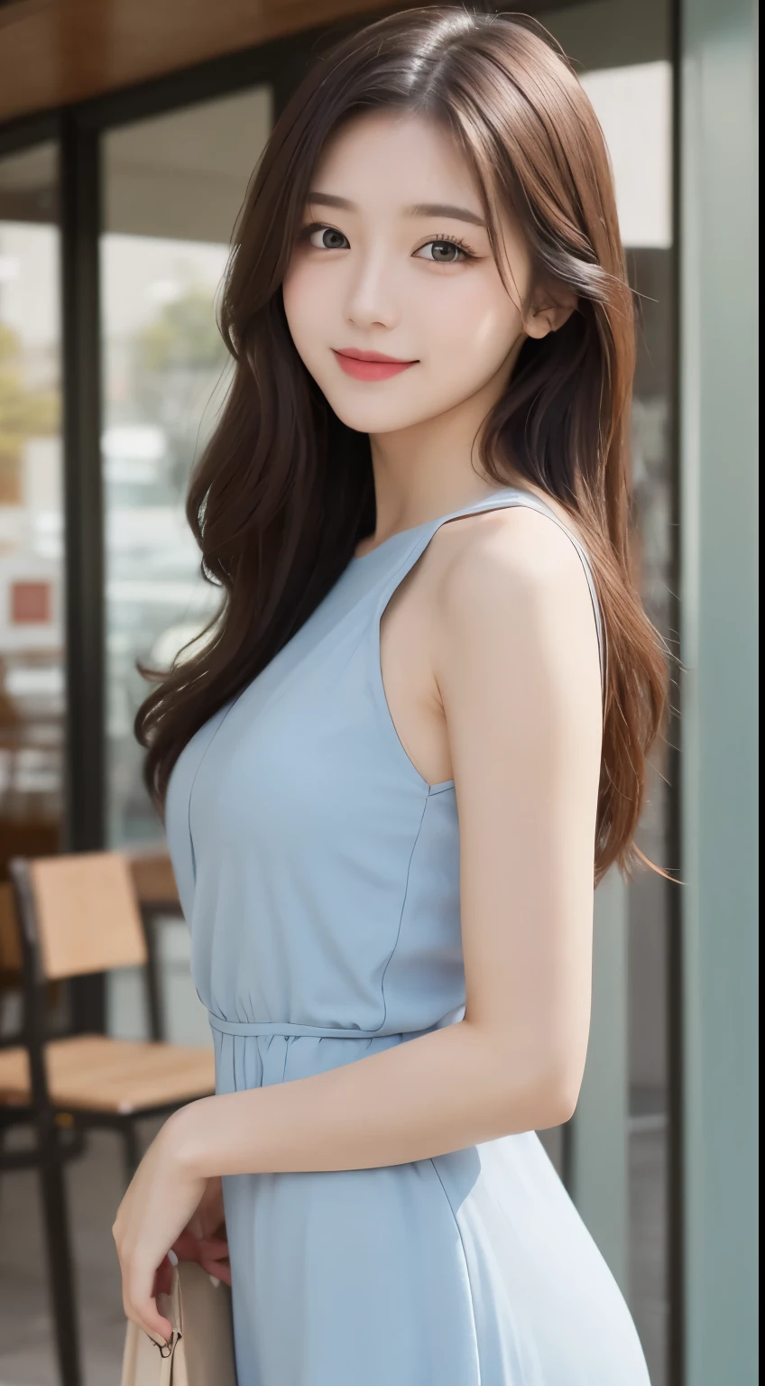 table top, highest quality, figure, super detailed, finely, High resolution, 8k wallpaper, 完璧なダイナミックな構figure, detailed and beautiful eyes, Women's Fashion Spring、medium hair,small breasts natural color lip,smile,Harajuku、20 year old girl、cute、sexy shot looking at camera,light blue sexy dress