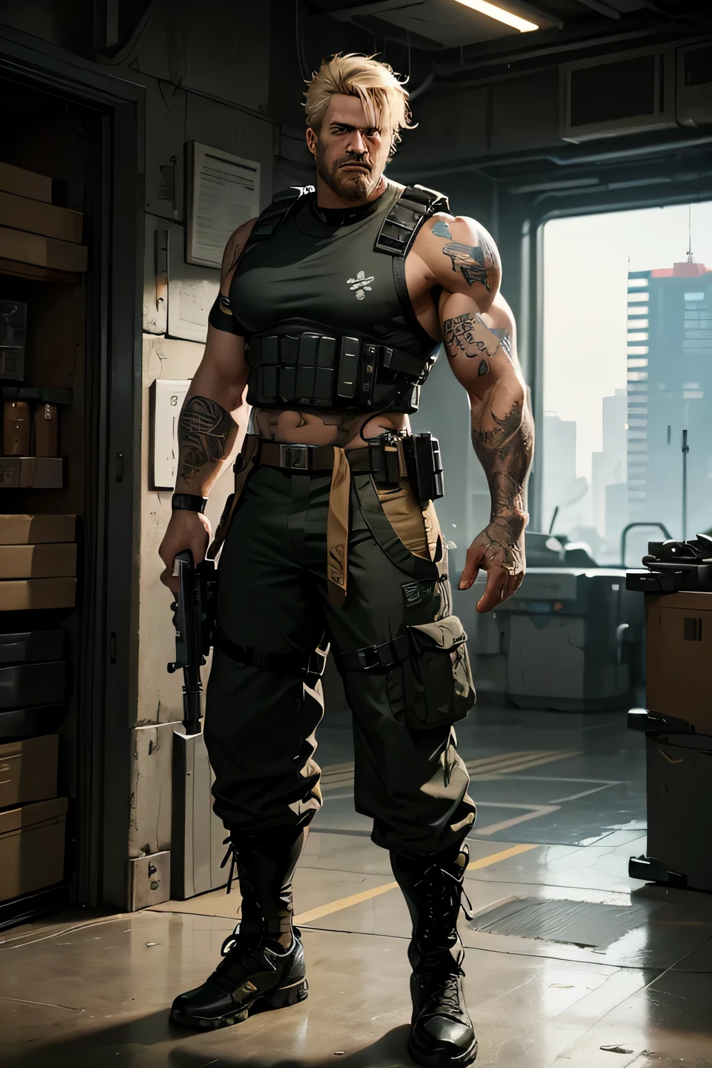 male mercenary. soldier. aged in his forty's. blonde messy hair. cyberpunk. tattoos. scars. light skin. wearing a combat vest, military cargo trousers. tall. large man.