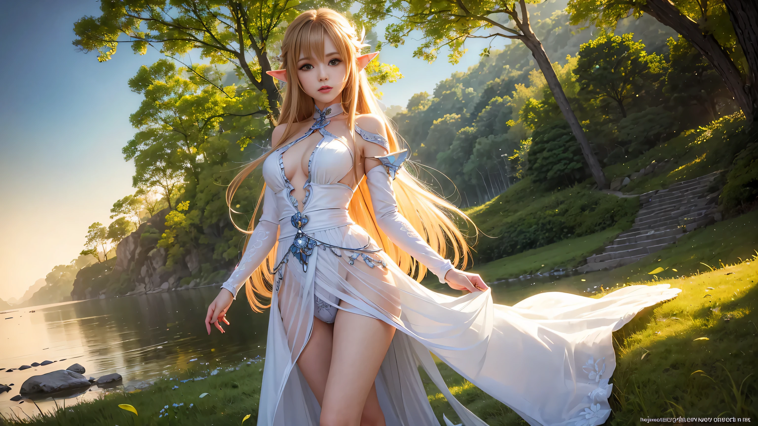 A graceful elf girl stands in a meadow, her delicate features illuminated by the soft light of the setting sun. Her long, flowing hair cascades down her back, adorned with intricate braids and adorned with sparkling jewels. This stunning painting captures the ethereal beauty of elves. Her slender figure in a silk dress sways in the soft meadow breeze. The artist's attention to detail is evident in the intricate patterns of her dress and the subtle highlights of her luminescence. skin. This breathtaking depiction of an elf girl exudes a sense of enchantment and transports the viewer to a magical world. The beautiful elf magician is awe-inspiring as she holds a magician's staff, uses fireball magic, and is about to defeat the Demon King with explosion magic., If you pull up your skirt, you can see your see-through panties and it will be embarrassing., (A superb exquisite Asuna Yuuki),(Asuna Yuuki:1.5), long hair, brown hair, streaked hair, brown eyes, star-shaped pupils, straight bangs, solo, nature, extremely delicate, straight facial features, peerless beautiful girl, soft, (sensual face), ((ecchi face)), dreamy quality, exaggerated facial features, solid color, frank holly, delicate face, bright lips, slender waist, soft curves, real light and shadow, super fine, 4k, natural moving, Ultra high resolution, (masterpiece:1.2, best quality), (finely detailed beautiful eyes: 1.2), (beautiful detailed face), detailed anime artwork, clean detailed anime art, detailed digital anime art, detailed anime art, beautiful anime portrait, beautiful anime girl, beautiful anime artwork, beautiful anime art, beautiful anime style, detailed portrait of anime girl, anime girl, beautiful anime, anime illustration,Medium chest, slender body,unparalleled beauty sexy and very beautiful face、Super long silky shiny blonde hair、long swaying bangs、Sexy 、beautiful cute pearl eyes beautiful girl、Silky skin、Very big blue eyes,
