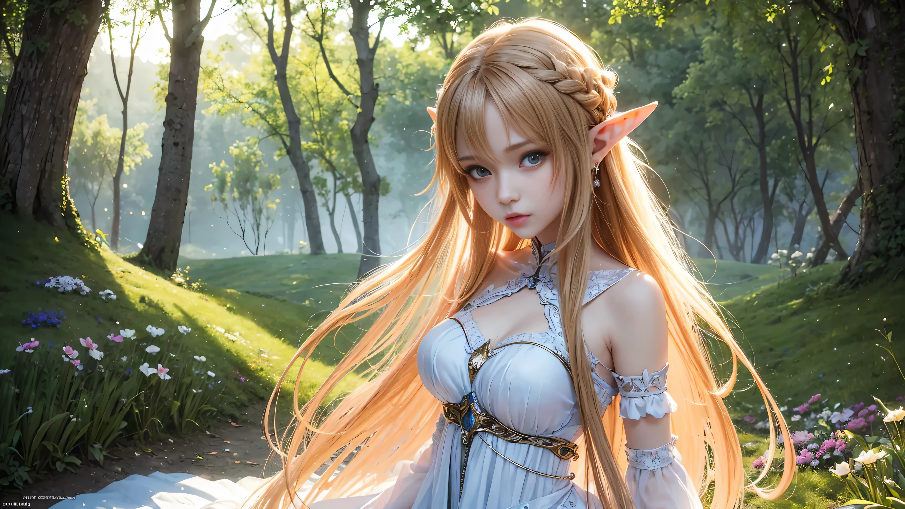A graceful elf girl stands in a meadow, her delicate features illuminated by the soft light of the setting sun. Her long, flowing hair cascades down her back, adorned with intricate braids and adorned with sparkling jewels. This stunning painting captures the ethereal beauty of elves. Her slender figure in a silk dress sways in the soft meadow breeze. The artist's attention to detail is evident in the intricate patterns of her dress and the subtle highlights of her luminescence. skin. This breathtaking depiction of an elf girl exudes a sense of enchantment and transports the viewer to a magical world. The beautiful elf magician is awe-inspiring as she holds a magician's staff, uses fireball magic, and is about to defeat the Demon King with explosion magic., If you pull up your skirt, you can see your see-through panties and it will be embarrassing., (A superb exquisite Asuna Yuuki),(Asuna Yuuki:1.5), long hair, brown hair, streaked hair, brown eyes, star-shaped pupils, straight bangs, solo, nature, extremely delicate, straight facial features, peerless beautiful girl, soft, (sensual face), ((ecchi face)), dreamy quality, exaggerated facial features, solid color, frank holly, delicate face, bright lips, slender waist, soft curves, real light and shadow, super fine, 4k, natural moving, Ultra high resolution, (masterpiece:1.2, best quality), (finely detailed beautiful eyes: 1.2), (beautiful detailed face), detailed anime artwork, clean detailed anime art, detailed digital anime art, detailed anime art, beautiful anime portrait, beautiful anime girl, beautiful anime artwork, beautiful anime art, beautiful anime style, detailed portrait of anime girl, anime girl, beautiful anime, anime illustration,Medium chest, slender body,unparalleled beauty sexy and very beautiful face、Super long silky shiny blonde hair、long swaying bangs、Sexy 、beautiful cute pearl eyes beautiful girl、Silky skin、Very big blue eyes, see-through brassiere and panties,