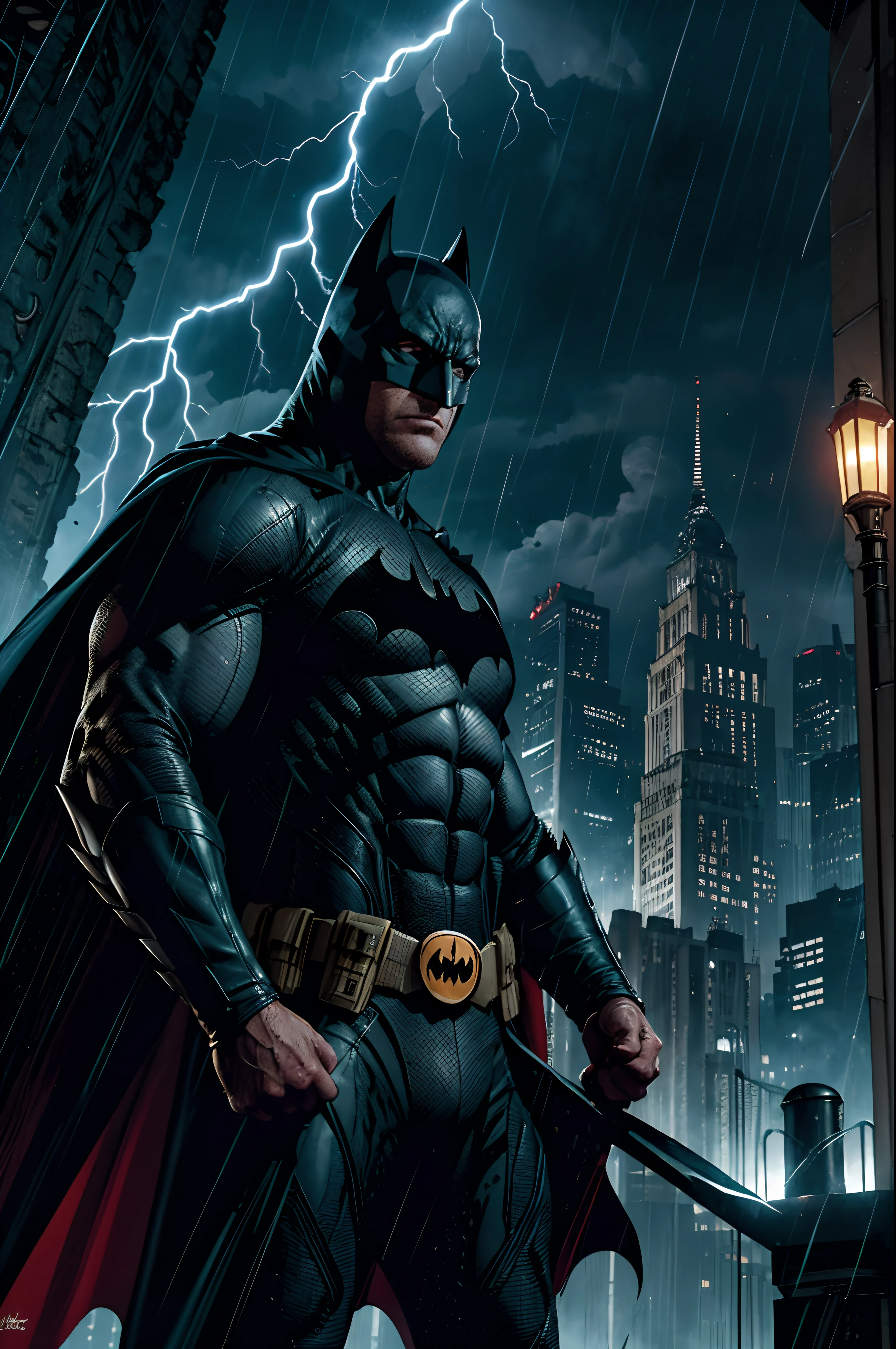 Nas ruas sombrias de Gotham, Torrential rain falls relentlessly as white and blue lightning tears across the night sky. O Batman, ferido e exausto, Face off against a horde of bloodthirsty criminals. Your body is a target for deep cuts, Bathing the night in a red hue of violence. The fight is fierce, but the Dark Knight doesn't back down. Correndo perigo de vida, ele se ergue contra as adversidades, determined to deliver justice amidst the storm of Gotham's darkness. In the midst of all this, include many explosions, sangue nas ruas e paredes, a meteor falling from the open sky to the ground in Gotham.