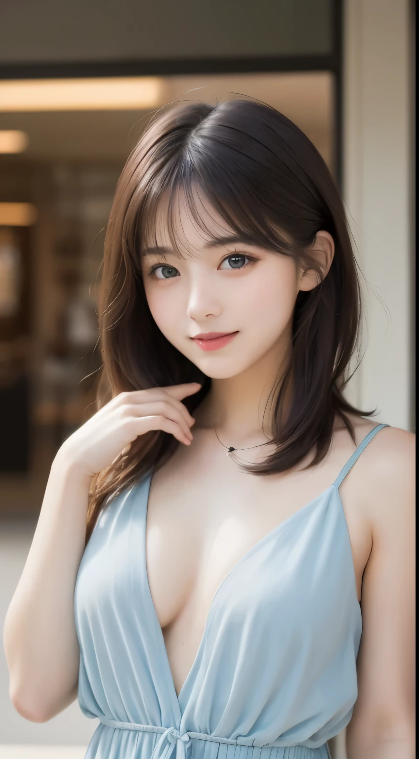 table top, highest quality, figure, super detailed, finely, High resolution, 8k wallpaper, 完璧なダイナミックな構figure, detailed and beautiful eyes, Women's Fashion Spring、medium hair,small breasts natural color lip,smile,Harajuku、20 year old girl、cute、sexy shot looking at camera,light blue sexy dress