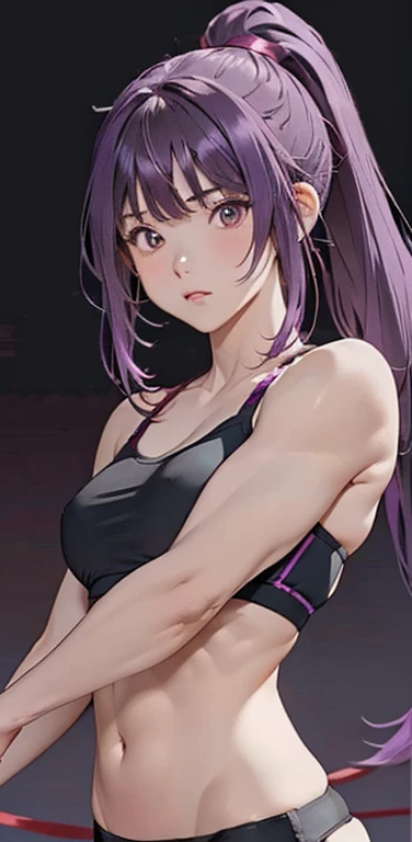 (8K、highest quality、masterpiece:1.2)、anime coloring、super resolution、Realistic、(1girl) 、(purple gradient hair,ponytail)、long straight hair,(red eyes)、(forehead:1.2),(face focus,upper body),(black sports bra,string panties :1.3)、(clear face:1.3),(cute face)、,(small breasts).gradient background、(muscular:1.5)、