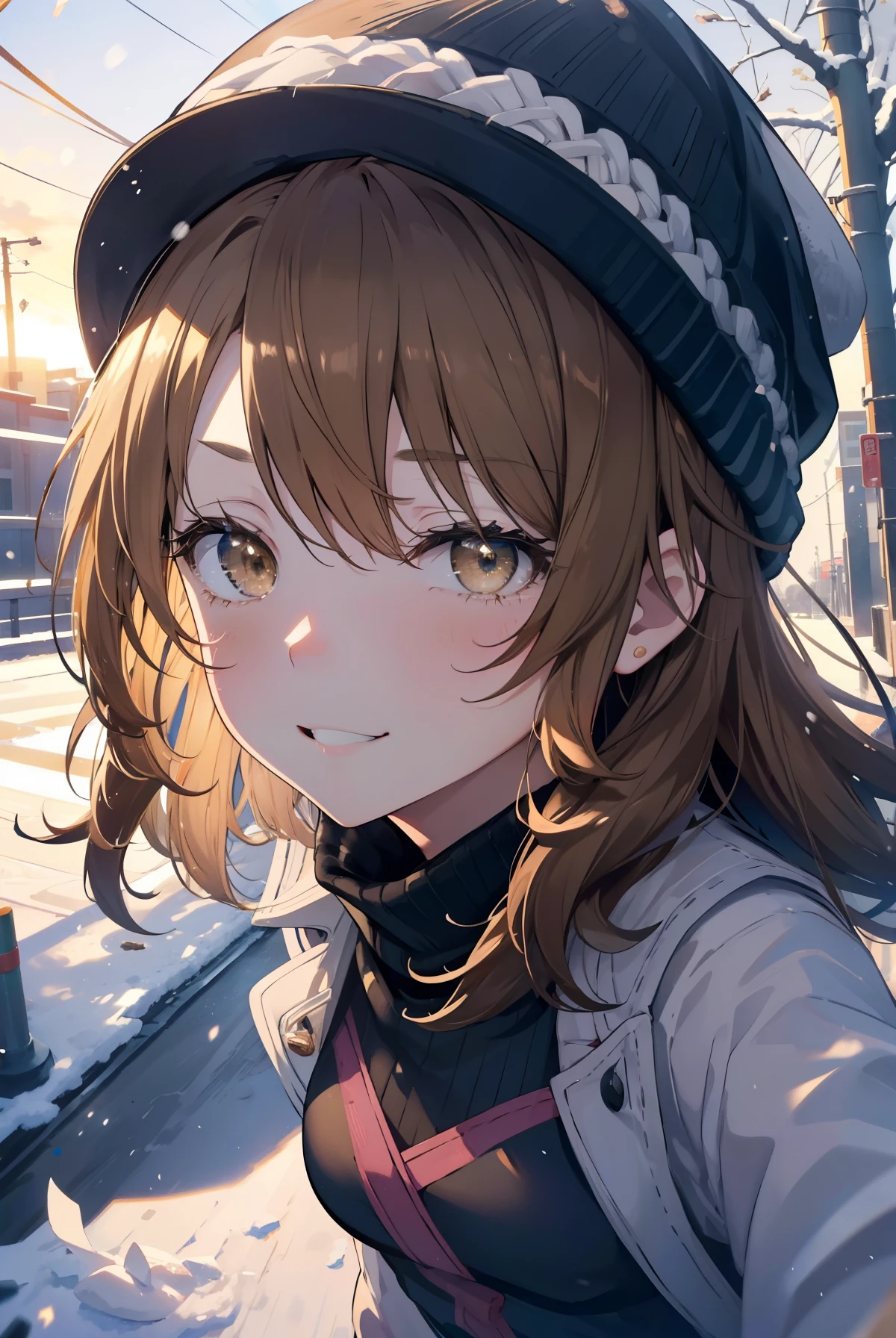 irohaisshiki, iroha isshiki, long hair,light brown hair, (brown eyes:1.5), Smile, smile, open your mouth,knit hat,long coat, turtleneck, long skirt,short boots,put both hands in coat pockets,winter scenery,winter is falling,Snow is falling on dead trees,snow is piled up on the road,gardenのベンチにに座っている,
break outdoors, garden,
break looking at viewer,
break (masterpiece:1.2), highest quality, High resolution, unity 8k wallpaper, (figure:0.8), (detailed and beautiful eyes:1.6), highly detailed face, perfect lighting, Very detailed CG, (perfect hands, perfect anatomy),