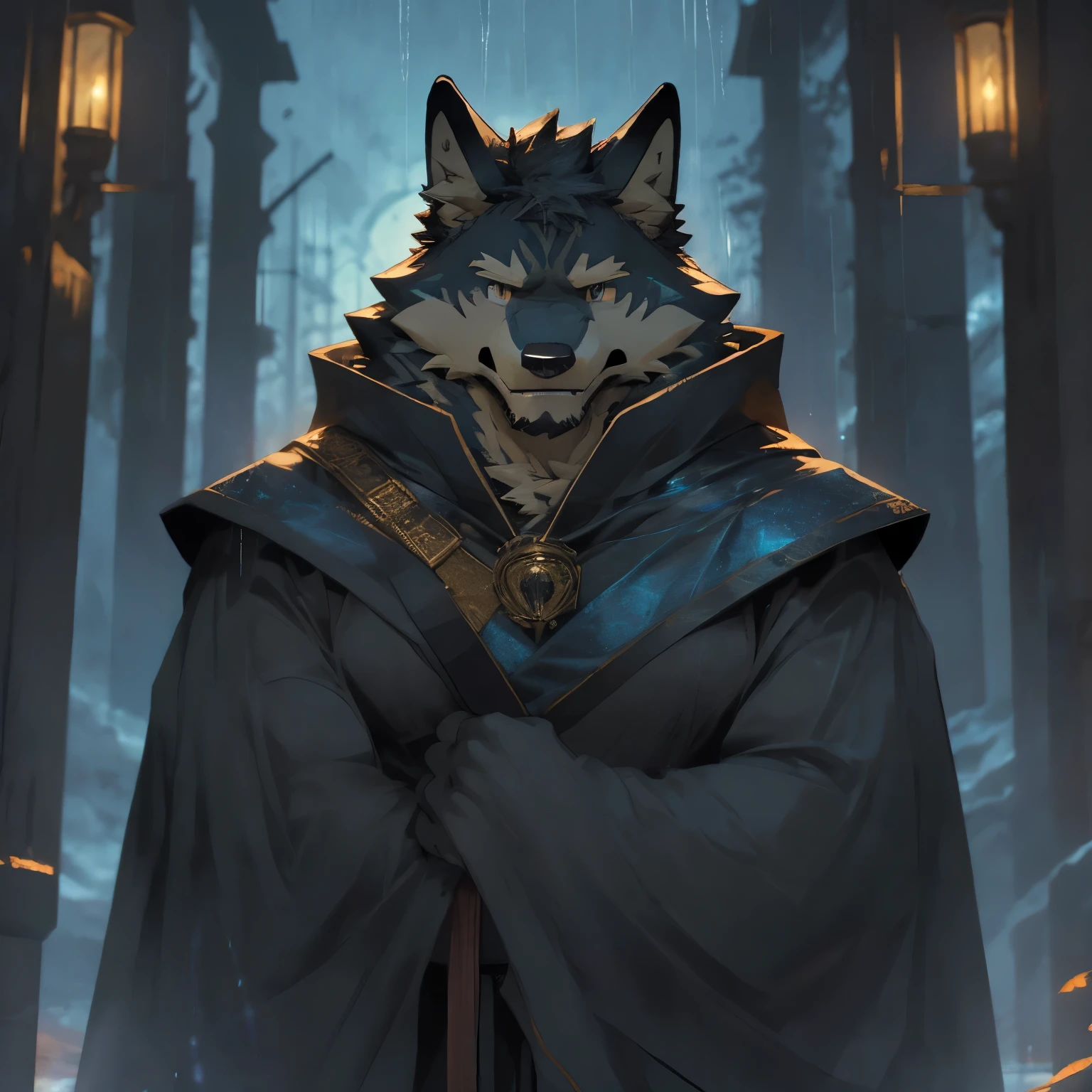 ((best quality)), ((masterpiece)), (detailed), perfect face,solo,kemono,night,fantasy,rainy,thunder,black fur,golden stripes,anthro black wolf.wore a robe that hugged his muscular frame, with a long blue cloak draped over his shoulders.golden eyes.Dimly lit environments,mature,half-body,magic,wizard