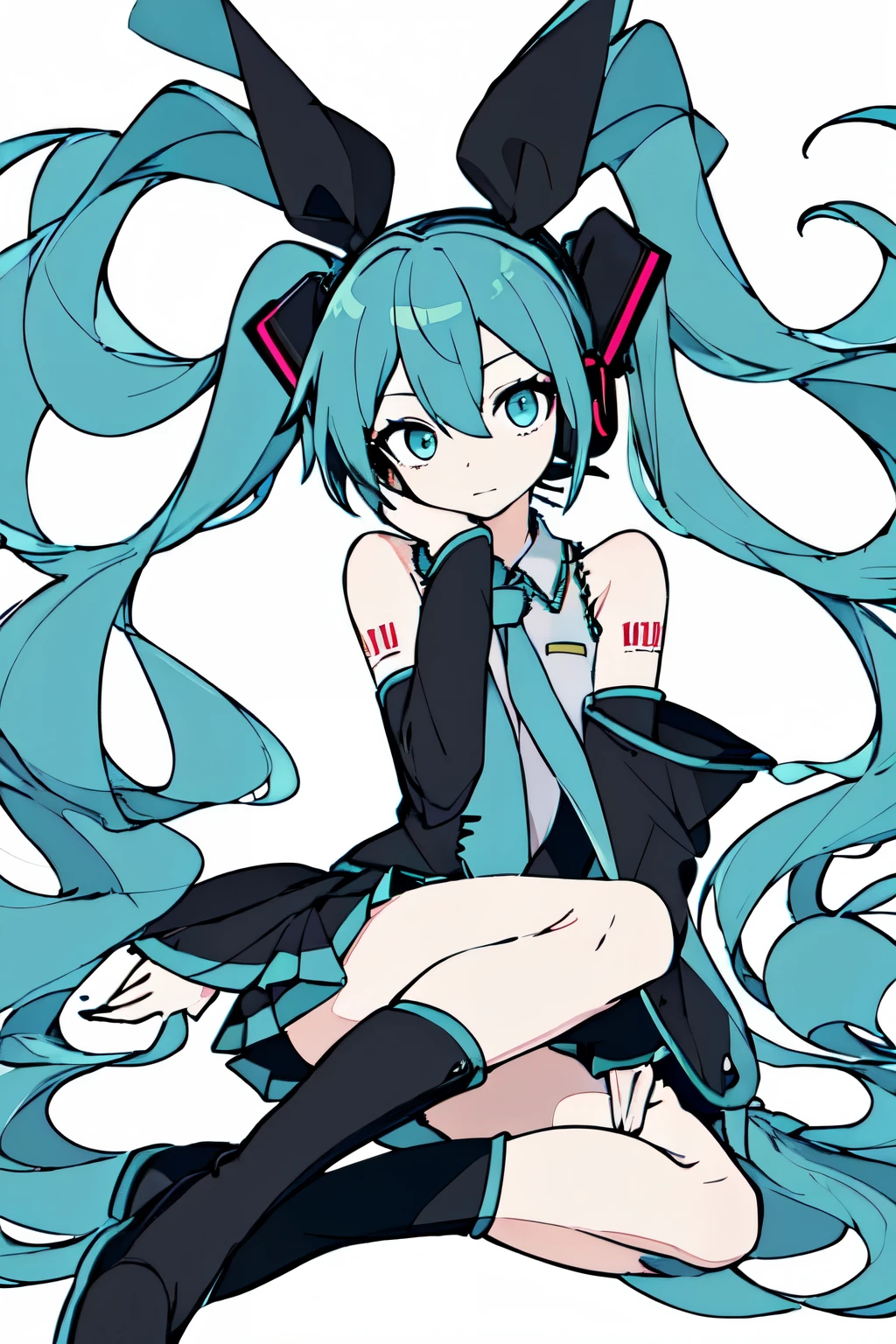 masterpiece, intricate details,best quality, Color difference, 1 girl, alone, skirt, Hatsune Miku, long hair, Raise your legs high, Double tail, Separate sleeves, tie, thigh boots, shirt, boots, black skirt, kneeling, sleeveless, earphone, aqua eyes, pleated skirt, aqua hair, whole body, sleeveless shirt, Simple background, Absolute opportunity, very long hair, White background, tattoo, Black footwear, black Raise your legs high, hair accessories