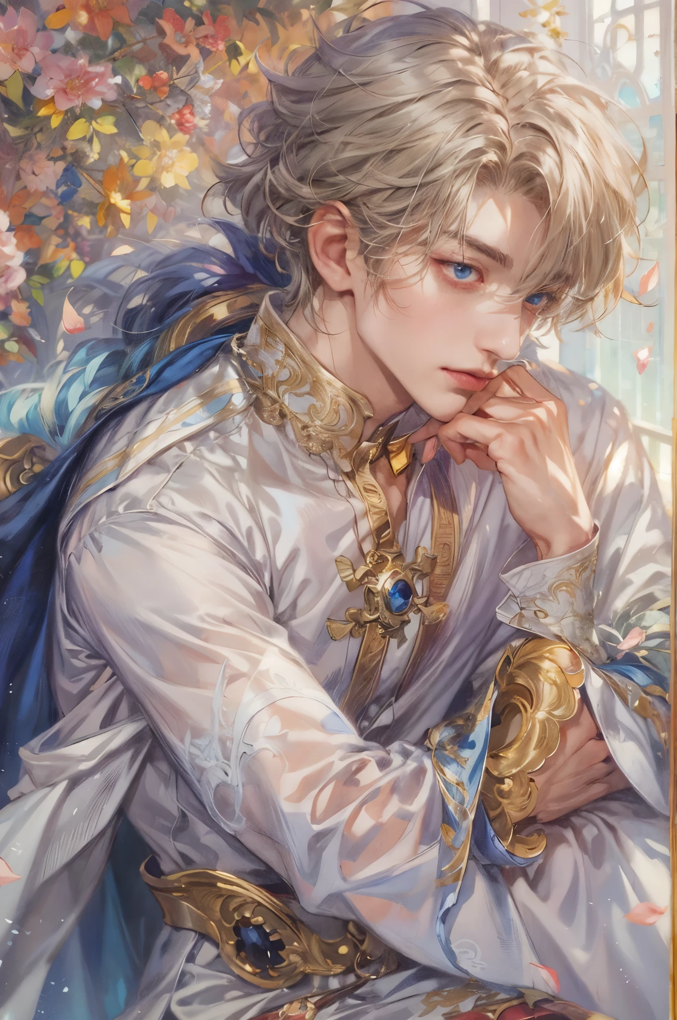 a painting of a woman in a white dress with a blue cape, beautiful androgynous prince, delicate androgynous prince, handsome guy in demon slayer art, portrait of magical blond prince, highly detailed exquisite fanart, handsome prince, anime portrait of a handsome man, beautiful anime portrait, artwork in the style of guweiz, detailed anime character art, detailed anime artwork