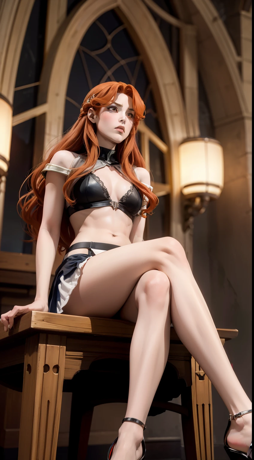 ((foto de corpo inteiro)), ((foto realista)), 1 girl, (colete: 1.2), 8k, high-res, pele finamente detalhada, lingerie, seios enormes, lenore from castlevania, vampire, red hair, skirt, sitting, toned legs, heels, dominant, low angle, upskirt, athletic, skinny, toned, smaller body, thin waist, from below, crossed legs, highly detailed realisticly proportioned legs, toned legs