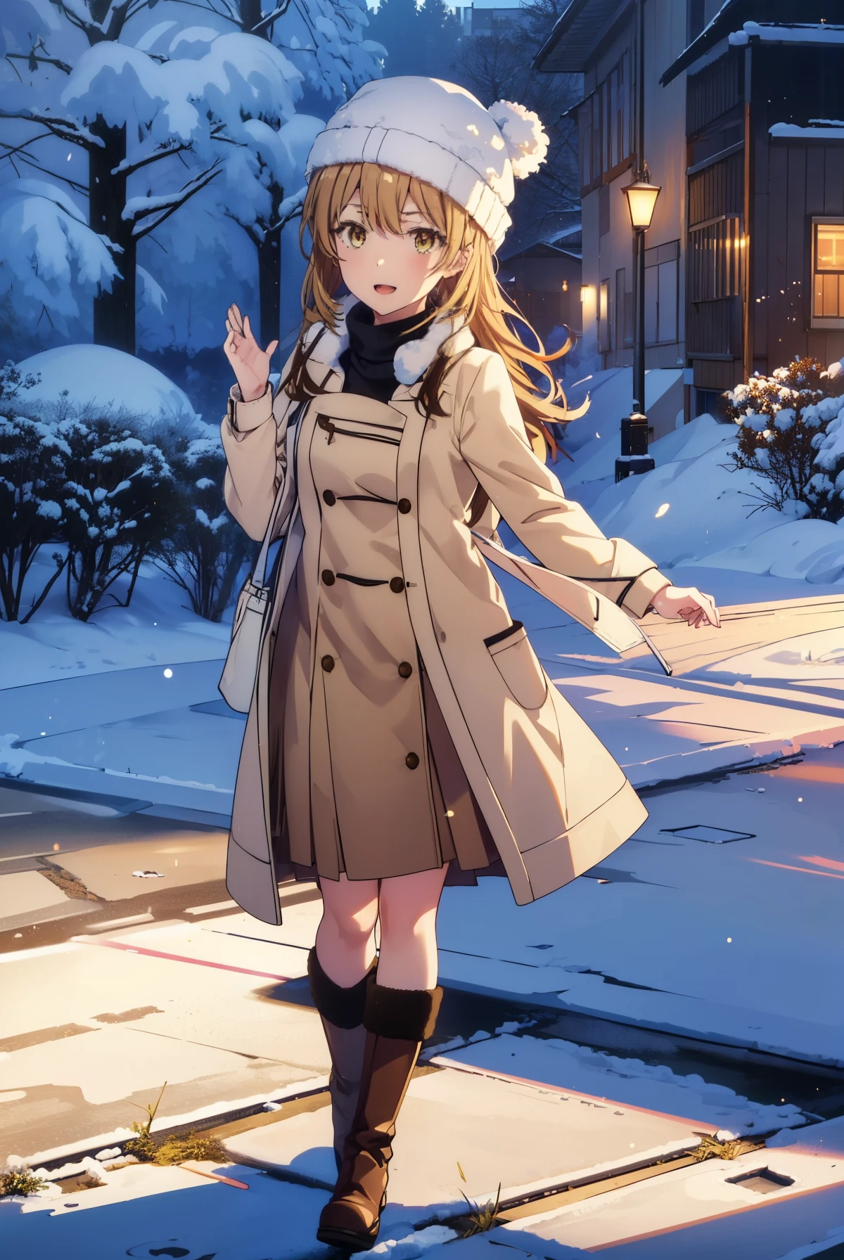 irohaisshiki, iroha isshiki, long hair,light brown hair, (brown eyes:1.5), Smile, smile, open your mouth,knit hat,long coat, turtleneck, long skirt,short boots,put both hands in coat pockets,winter scenery,winter is falling,Snow is falling on dead trees,snow is piled up on the road,gardenのベンチにに座っている,
break outdoors, garden,
break looking at viewer,
break (masterpiece:1.2), highest quality, High resolution, unity 8k wallpaper, (figure:0.8), (detailed and beautiful eyes:1.6), highly detailed face, perfect lighting, Very detailed CG, (perfect hands, perfect anatomy),