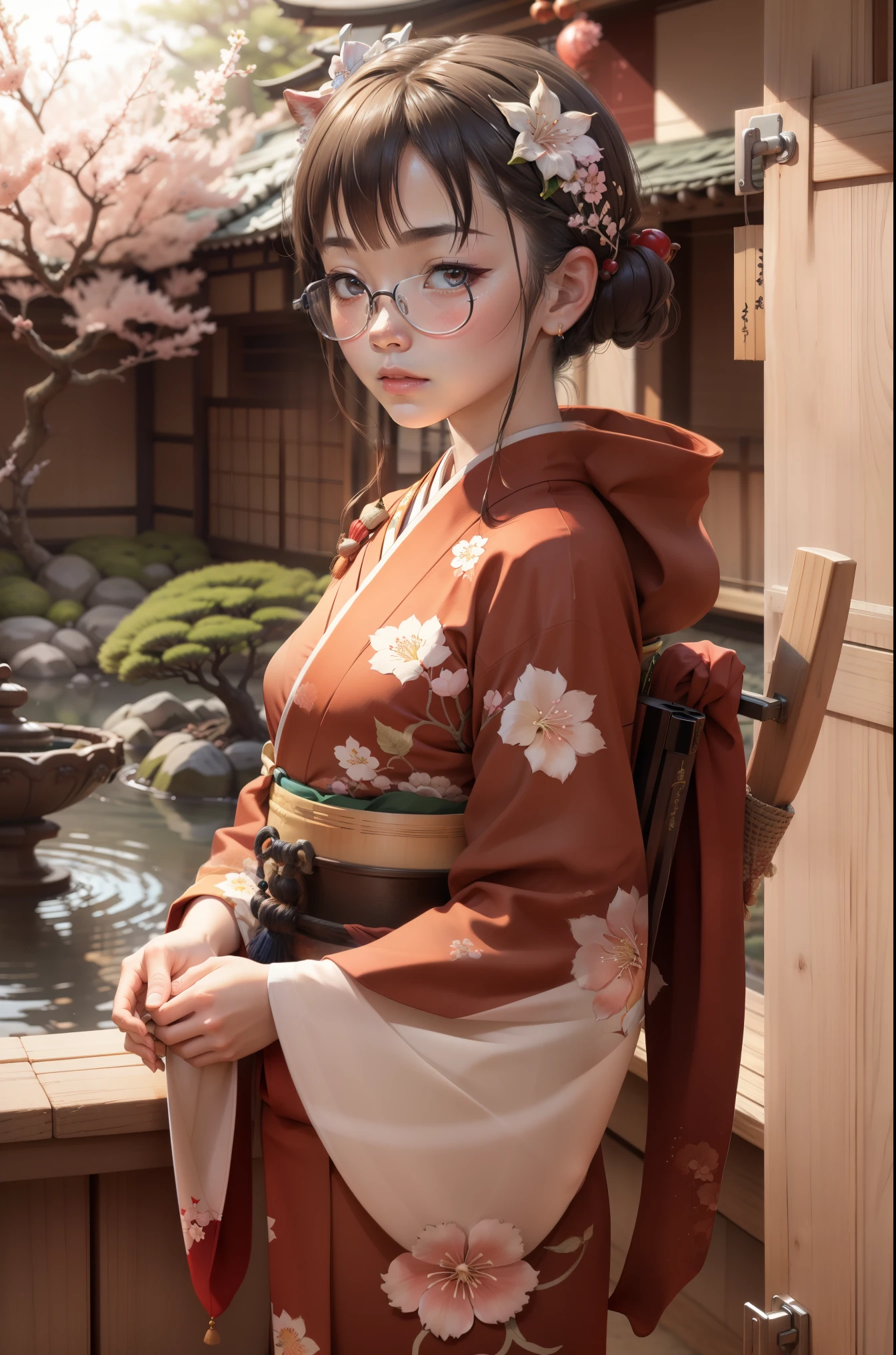 (highres:1.2),X-ray vision,girl in kimono,transparent glasses,beautiful detailed eyes,soft colored lighting,traditional Japanese garden,whispering cherry blossoms,intricate floral patterns,dainty silk fabric,serene expression,delicate posture,sliding doors,calming Zen atmosphere