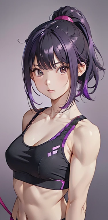 (8K、highest quality、masterpiece:1.2)、anime coloring、super resolution、Realistic、(1girl)  、(purple gradient hair,ponytail)、long straight hair,(red eyes)、(forehead:1.2),(face focus,upper body),(black sports bra,string panties :1.3)、(clear face:1.3),(cute face)、,(small breasts).gradient background、(muscular:1.6)、