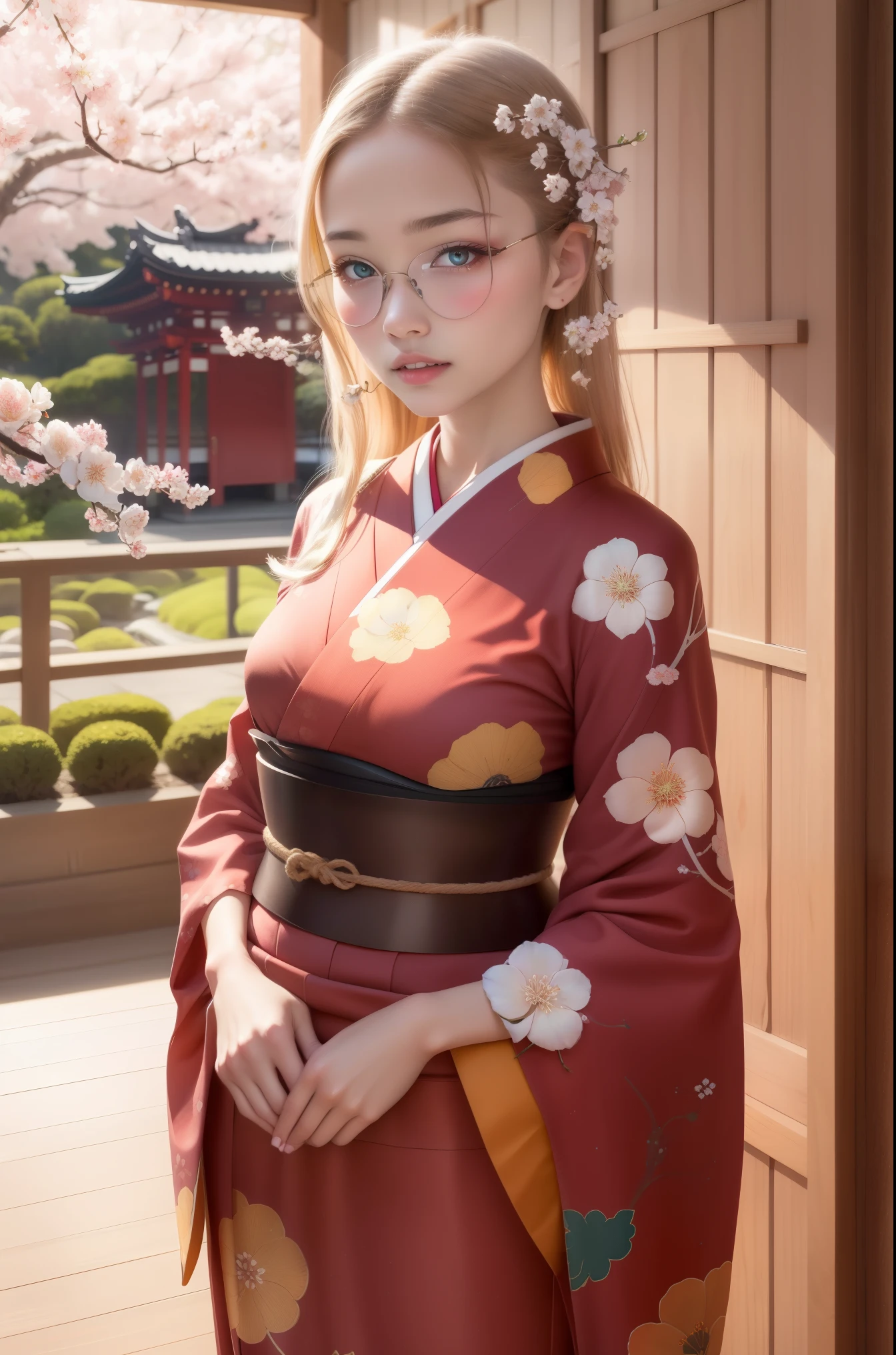 (highres:1.2),X-ray vision,girl in kimono,transparent glasses,beautiful detailed eyes,soft colored lighting,traditional Japanese garden,whispering cherry blossoms,intricate floral patterns,dainty silk fabric,serene expression,delicate posture,sliding doors,calming Zen atmosphere