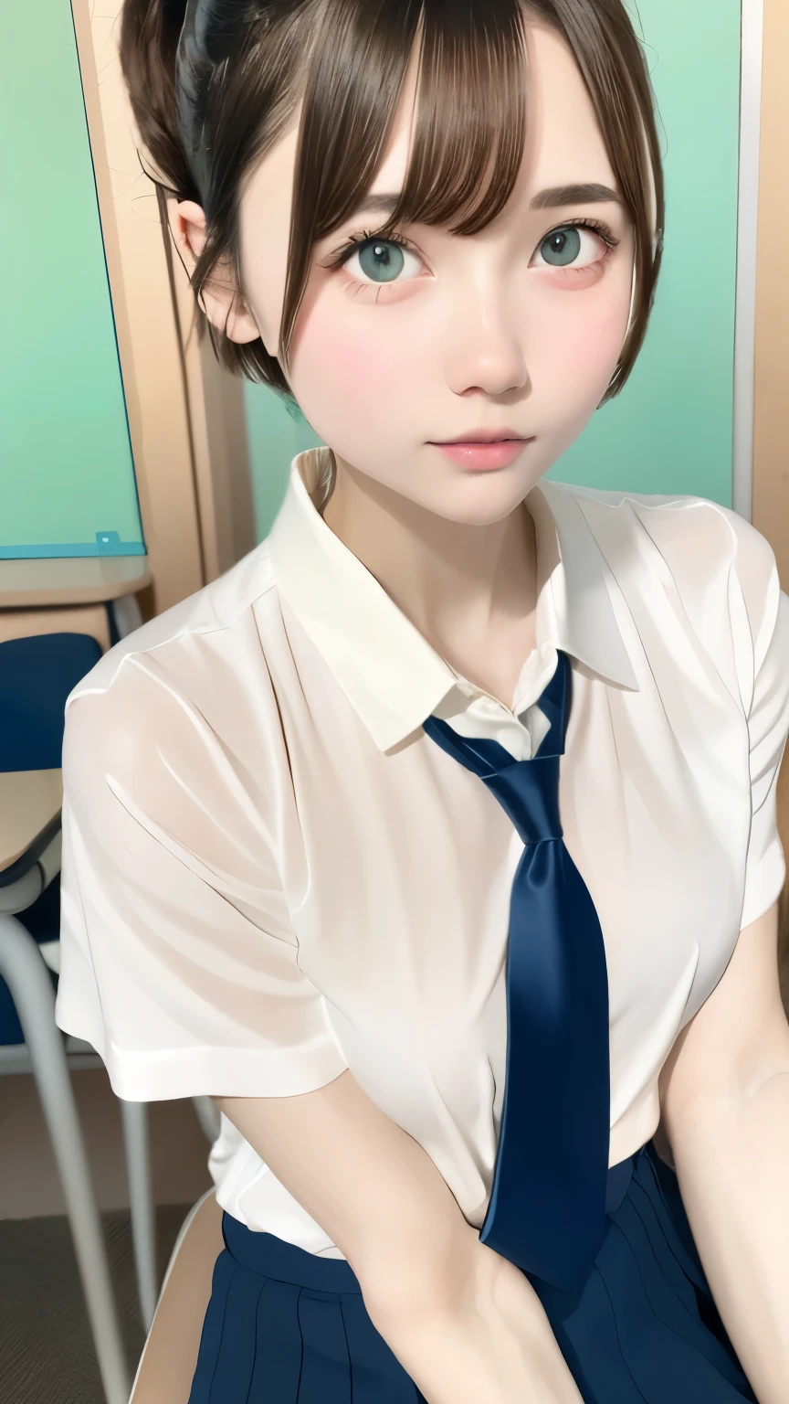 (table top, highest quality:1.2), 8K, , 85mm, official art, Raw photo, absurd, white dress shirt, cute face, close, Upper body, viola lace, gardenia, beautiful girl, school uniform, (navy pleated skirt:1.1), Cinch West, thighs, short sleeve, classroom, ponytail、short hair、short hair、sit on a bench seat, looking at the viewer, no makeup, (smile:0.4), film grain, chromatic aberration, sharp focus, face light, clear lighting, teen, detailed face, background bokeh, (dark red tie:1.1)、日本の学校のclassroom、classroom