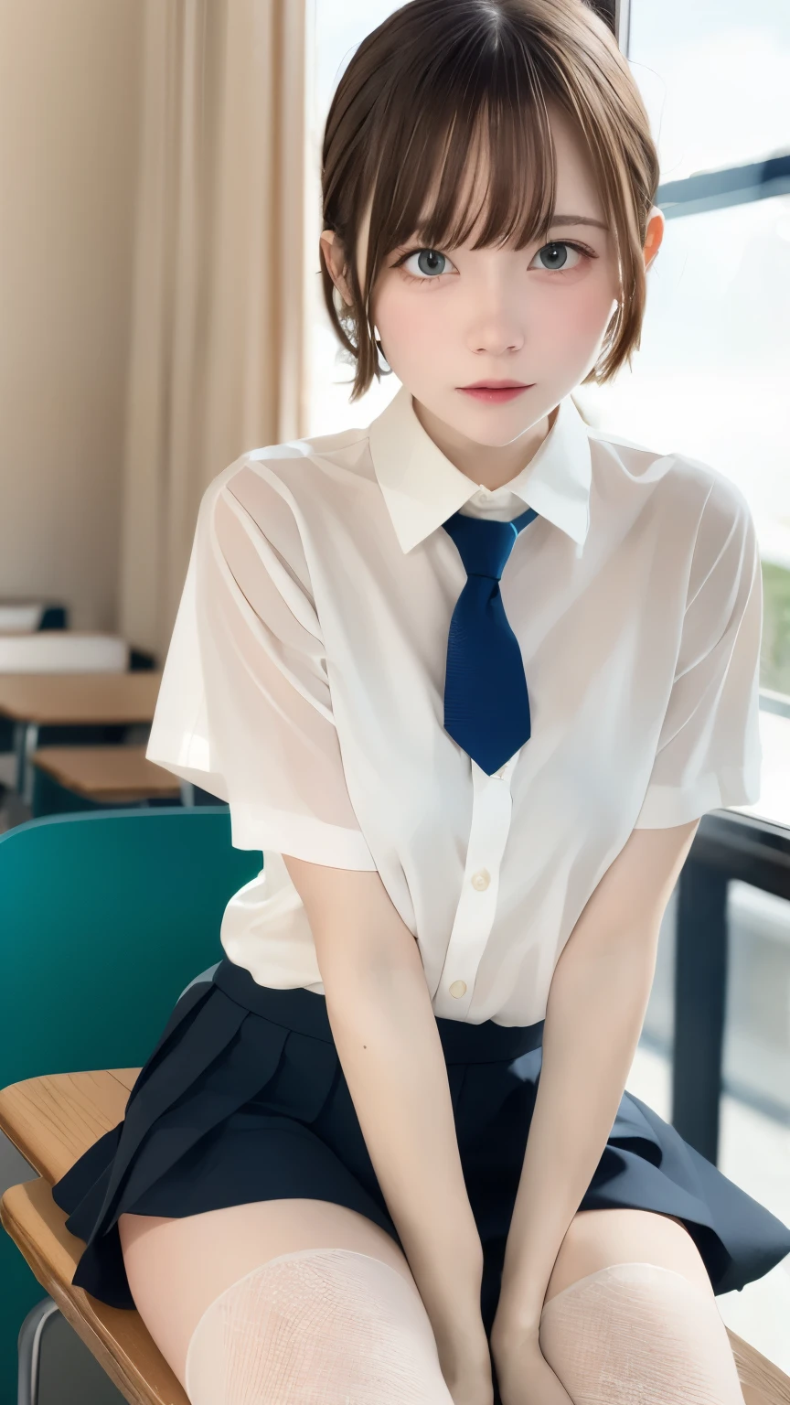 (table top, highest quality:1.2), 8K, 15 years old, 85mm, official art, Raw photo, absurd, white dress shirt, cute face, close, Upper body, viola lace, gardenia, beautiful girl, school uniform, (navy pleated skirt:1.1), Cinch West, thighs, short sleeve, classroom, ponytail、short hair、short hair、sit on a bench seat, looking at the viewer, no makeup, (smile:0.4), film grain, chromatic aberration, sharp focus, face light, clear lighting, teen, detailed face, background bokeh, (dark red tie:1.1)、日本の学校のclassroom、classroom