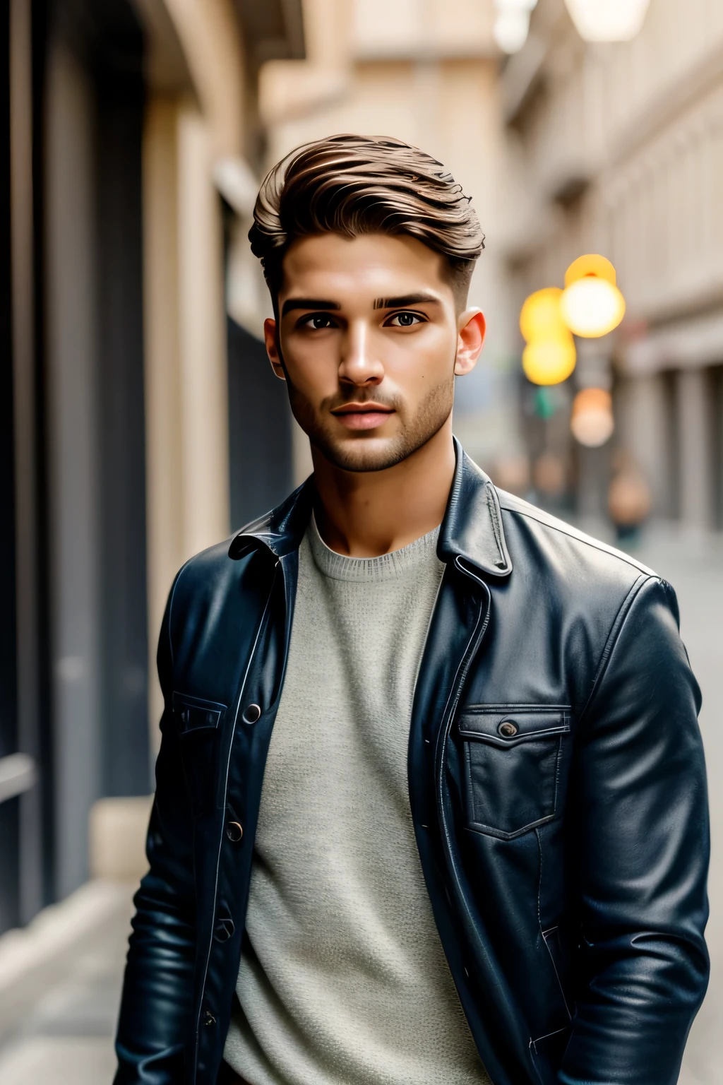 ((obra maestra)),(((La mejor calidad))),Foto, A portrait photo of a 25-year-old man. Hombre con ropa casual, piel oscura, pelo corto, ojos negros, noche, Calle de la ciudad, (piel muy detallada:1.2), 8k UHD, DSLR, alta calidad, Film grain, Fujifilm XT3, retrato:1.5, mitad del cuerpo, extremadamente detallado, 16K, standing, perfect human eyes, perfect human pupils, male, intricate artwork by Joaquin Sorolla, soft natural light, 85mm, sunshine on his face, cinematic lighting, lumen reflections, photography, stunning environment, Hyperrealism, cgi, octane render, raytracing