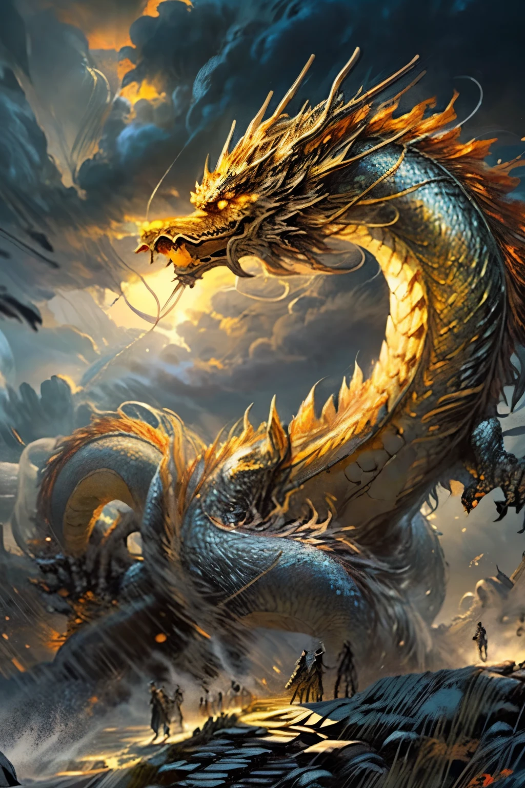 Amidst the ominous sky, dark clouds roll in menacingly, their ominous shadows casting long formations on the crumbling walls of an ancient Chinese fortress. The once mighty ramparts groan under the weight of time and the passage of seasons. The serene stillness is shattered as Chinese dragons take flight, their golden scales reflecting the waning sunshine, casting beams of light through the myriad autumn colors scattering the landscape below.
Amidst the chaos, warriors clad in armor made of refined steel step forward, prepared for the impending battle. Their determined expressions are etched with lines of concentration as they await the final onslaught. The earth trem