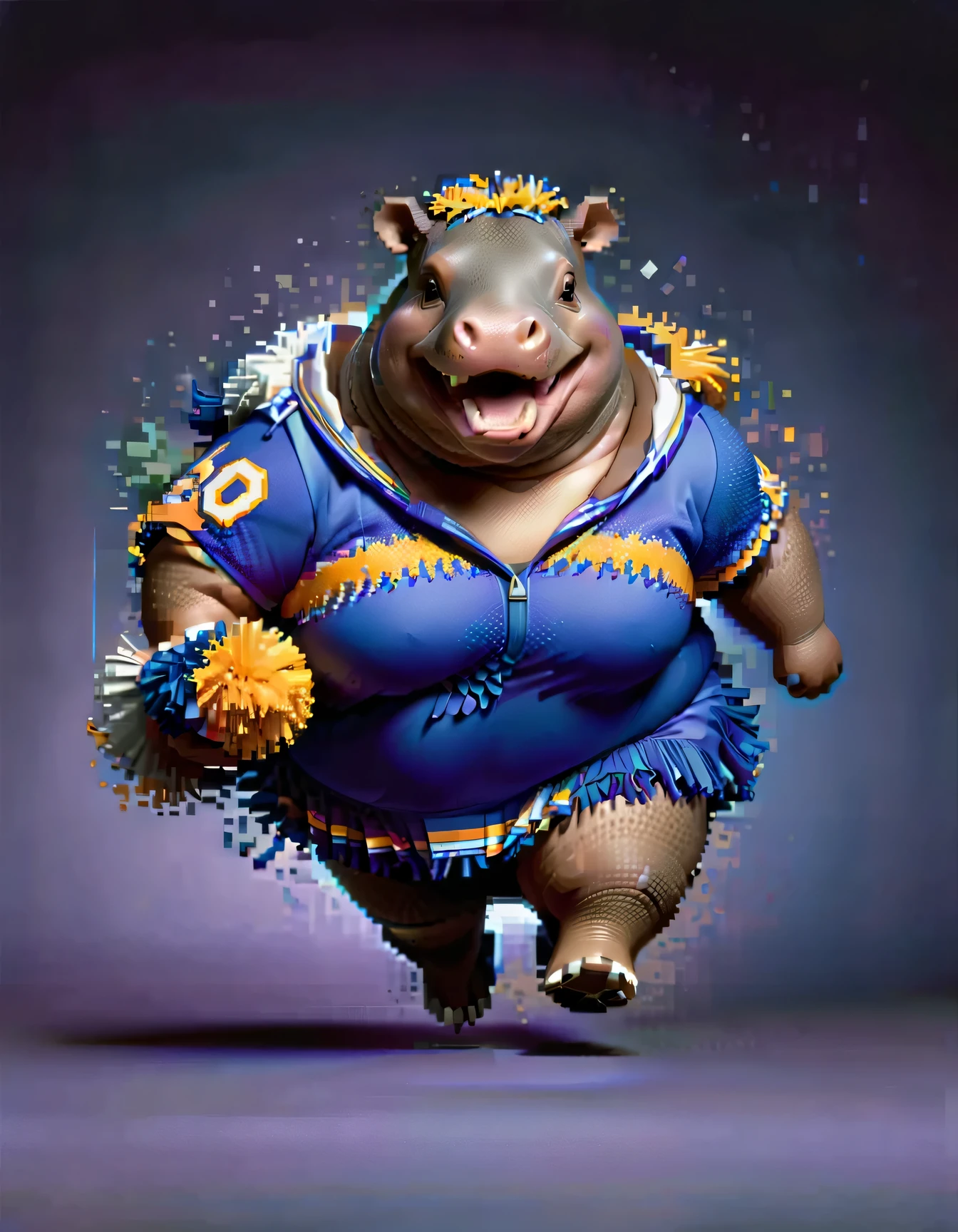 pixel art portrait of Dressed animals - a ((fat)) hippo cheerleader,(running dissolving into pixels:2.0),(jumping:2.0),(big smile),, high quality,(lovely) ,intricate details, highly detailed ((cheer costume)) ,highly detailed cheer clothes, holding pom-pom in hands,(passion) , highly detailed , (happy), studio lighting,(full body image:1.5)