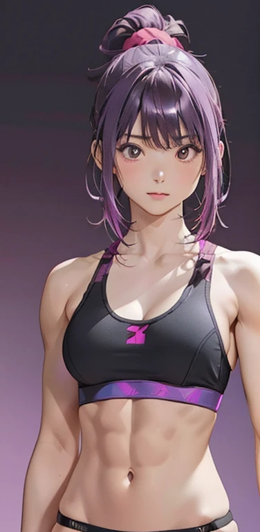 (8K、highest quality、masterpiece:1.2)、anime coloring、super resolution、Realistic、(1girl)  、(purple gradient hair,ponytail)、long straight hair,(red eyes)、(forehead:1.2),(face focus,upper body),(black sports bra,string panties :1.3)、(clear face:1.3),(cute face)、oil skin,(small breasts),hair scrunchie,gradient background、(muscular:1.6)、