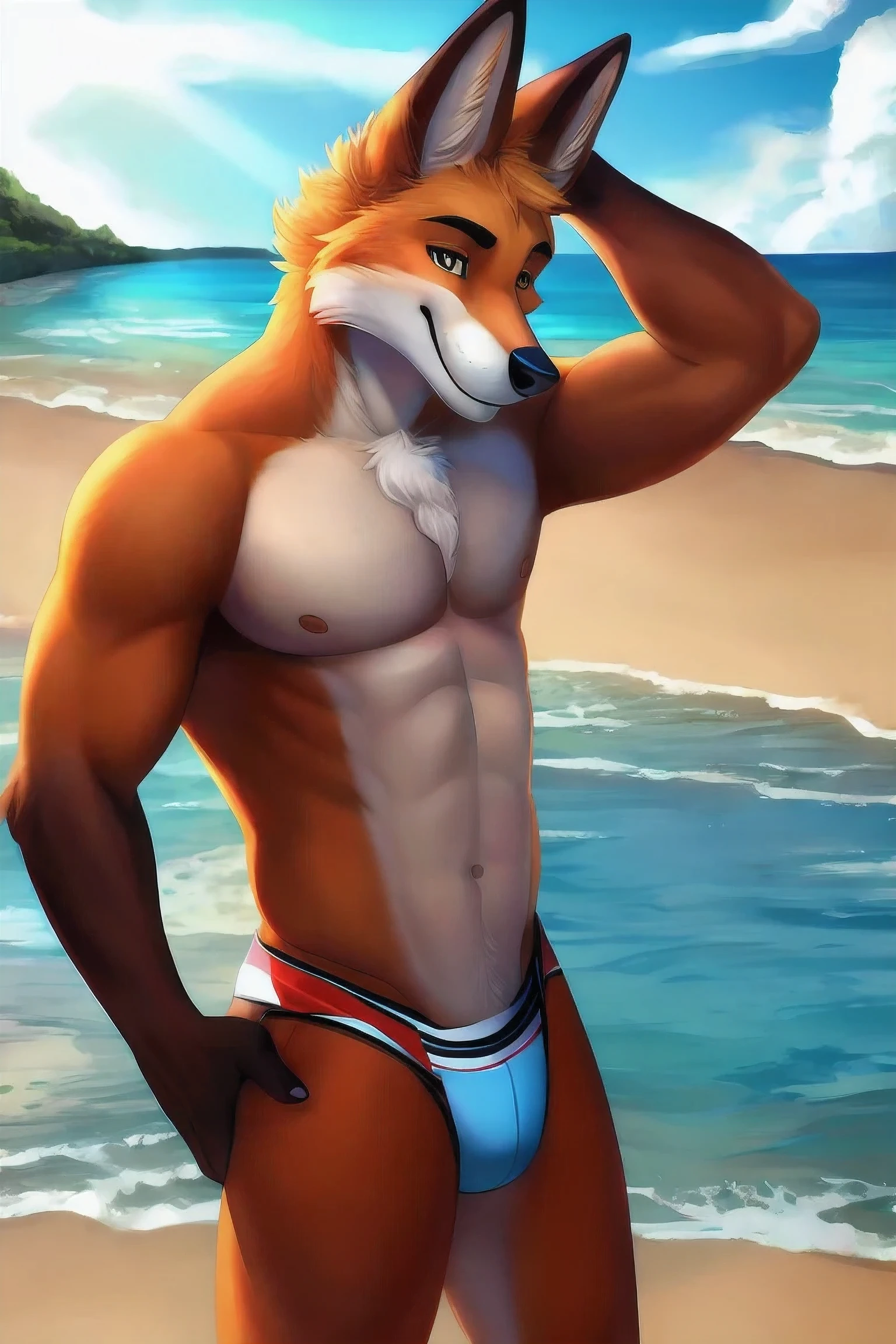 Handsome red fox , beach