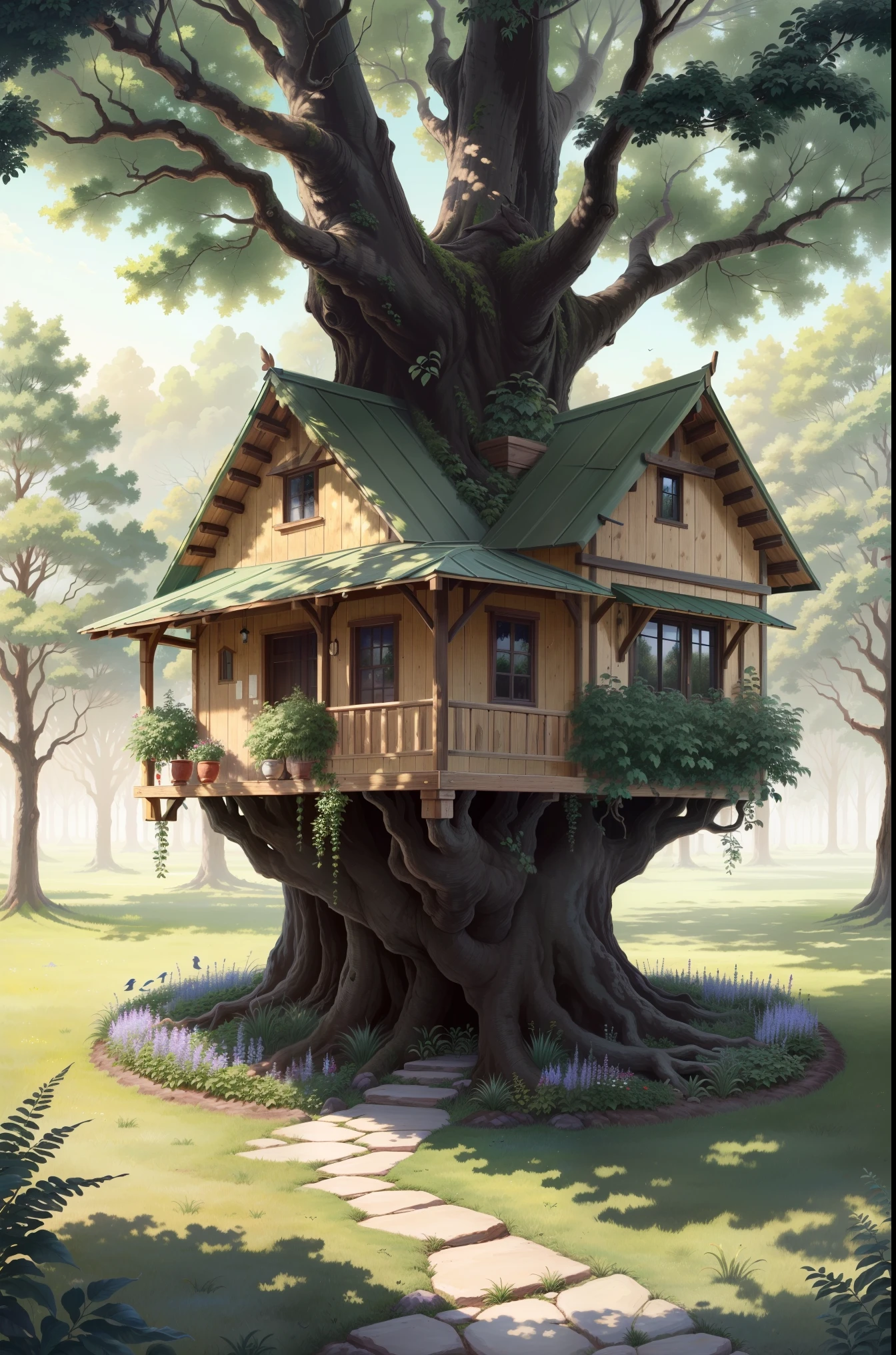 (best quality,ultra-detailed,realistic:1.37),Casa en un arbol,light-filled home,(lush greenery,exquisite plant life),(serene atmosphere,peaceful surroundings),(birds chirping and flying among the trees),(deer gracefully roaming nearby)