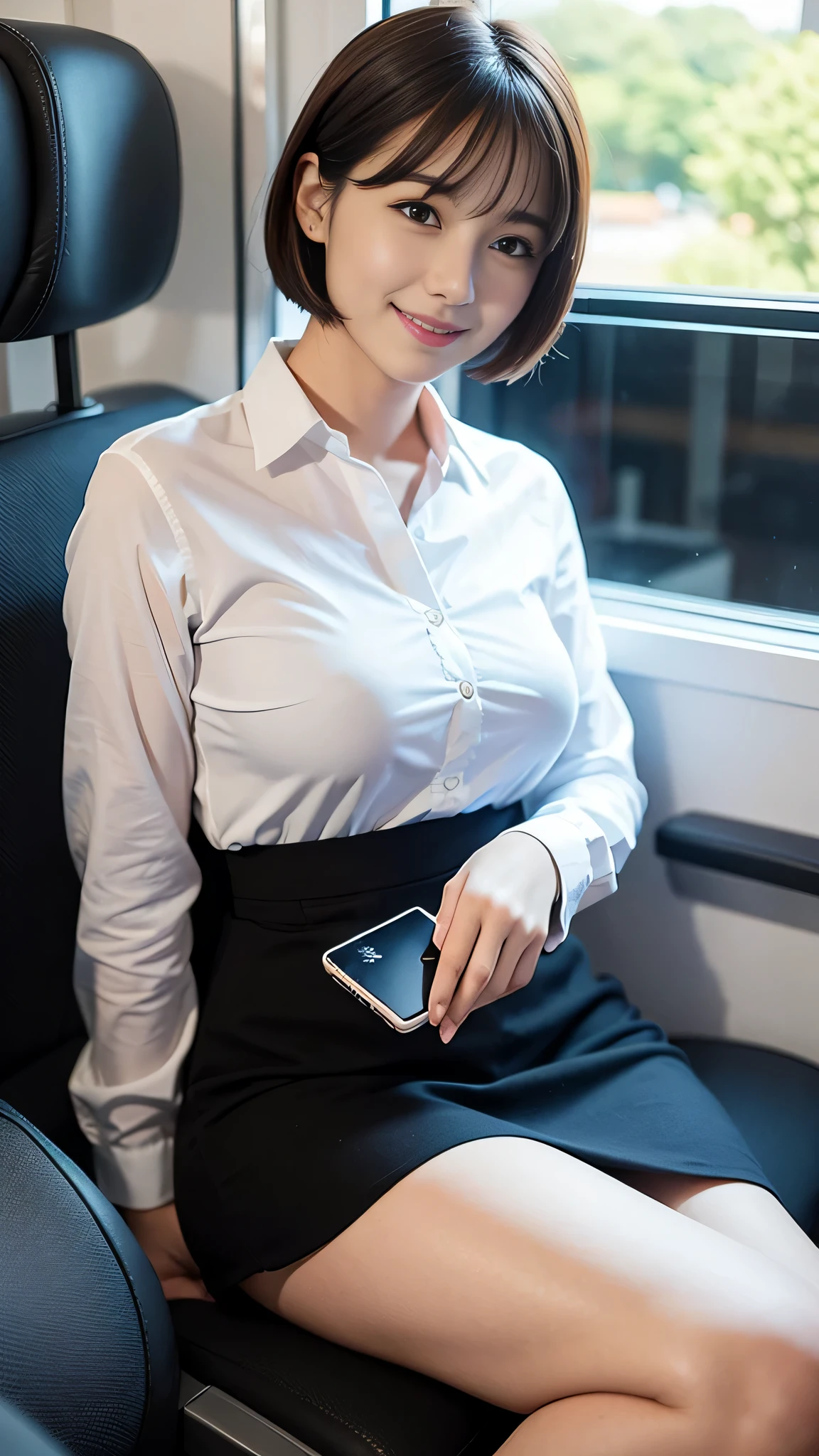 1 female, thighs, sitting on the train, office lady, realistic, Raw photo, white shirt, pencil skirt, pantyhose, pumps,  short hair, bangs, looking at the viewer, highest quality, ８K、big breasts, ,smile、A big smile、