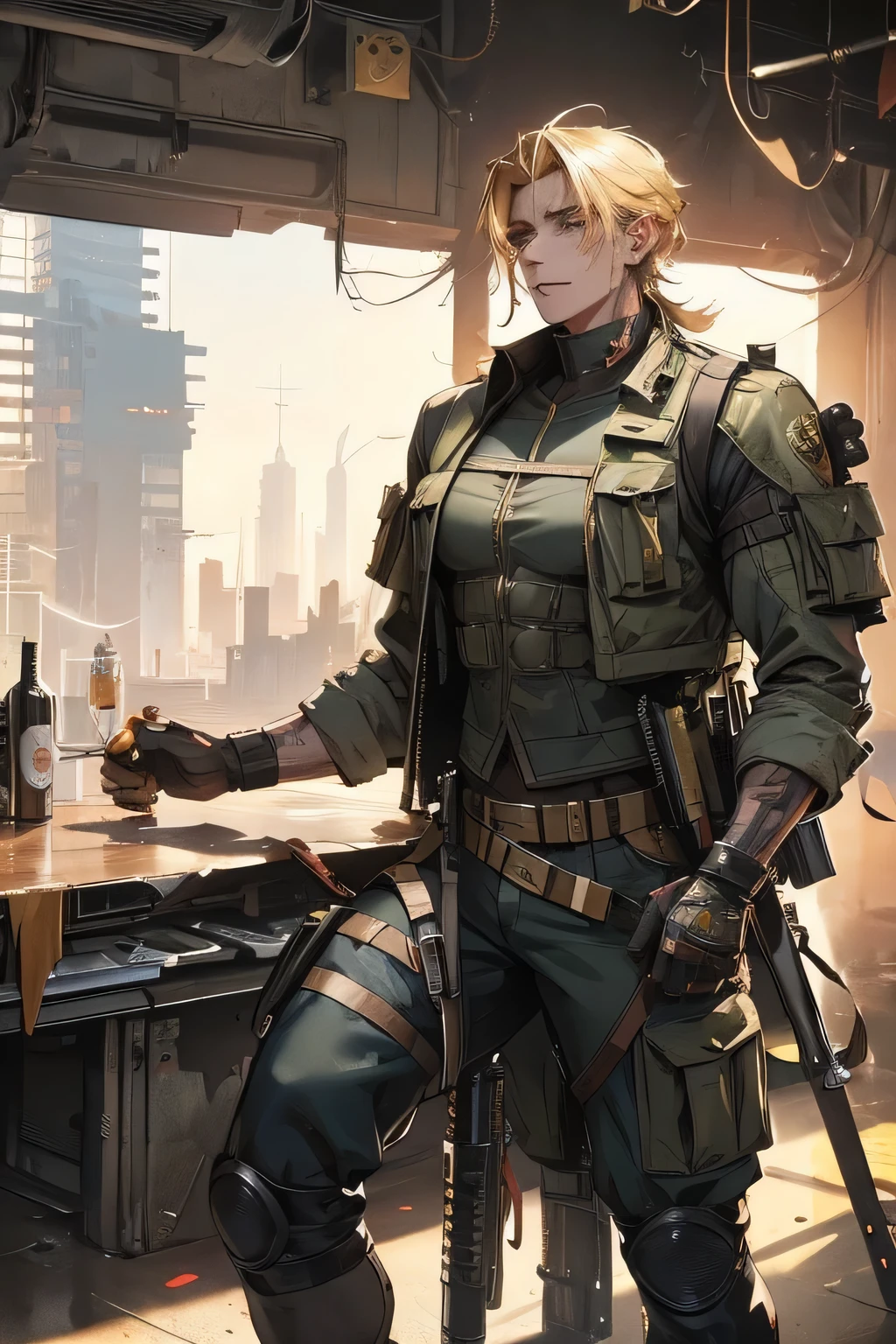male mercenary. soldier. aged in his forty's. blonde messy hair. cyberpunk. tattoos. scars. light skin. wearing a combat vest, military cargo trousers. tall. large man.